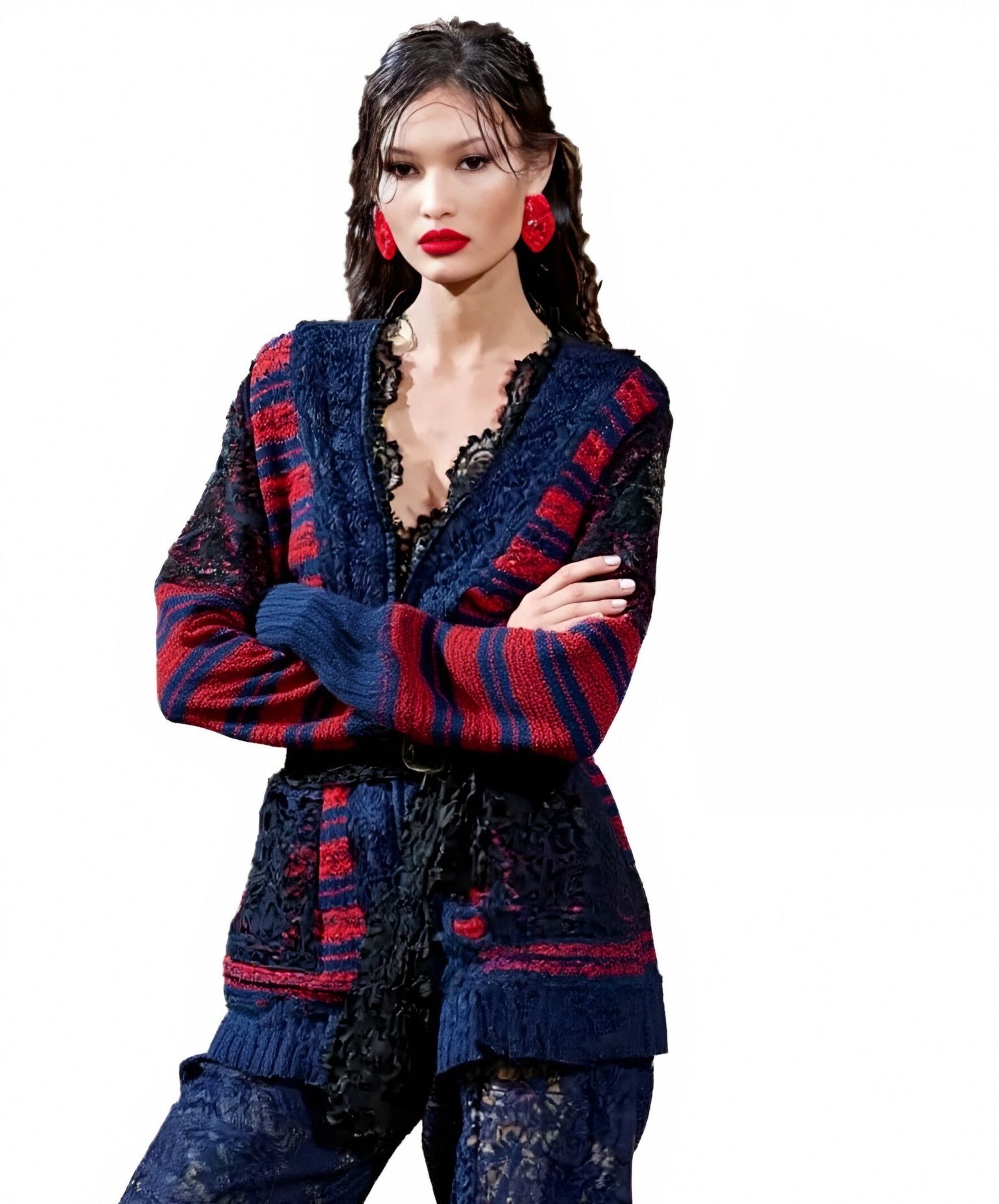 s059Navy Blue & Crimson Contrast Stripe Lace Panel Knit Co-ord Set