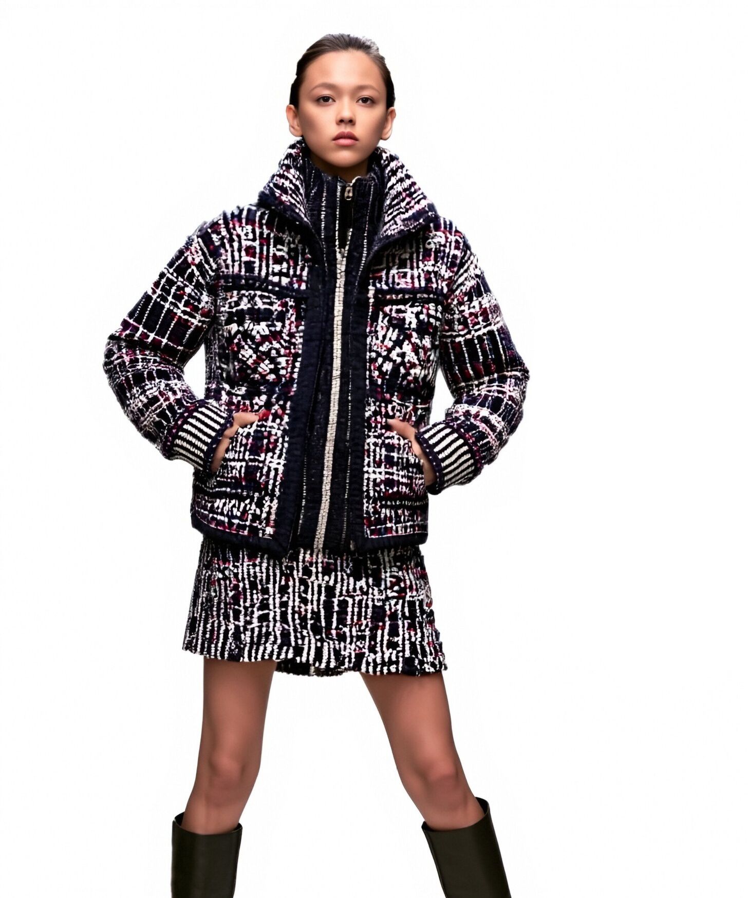 s063Navy Blue Multi-Color Speckled Tweed High-Neck Co-ord Set