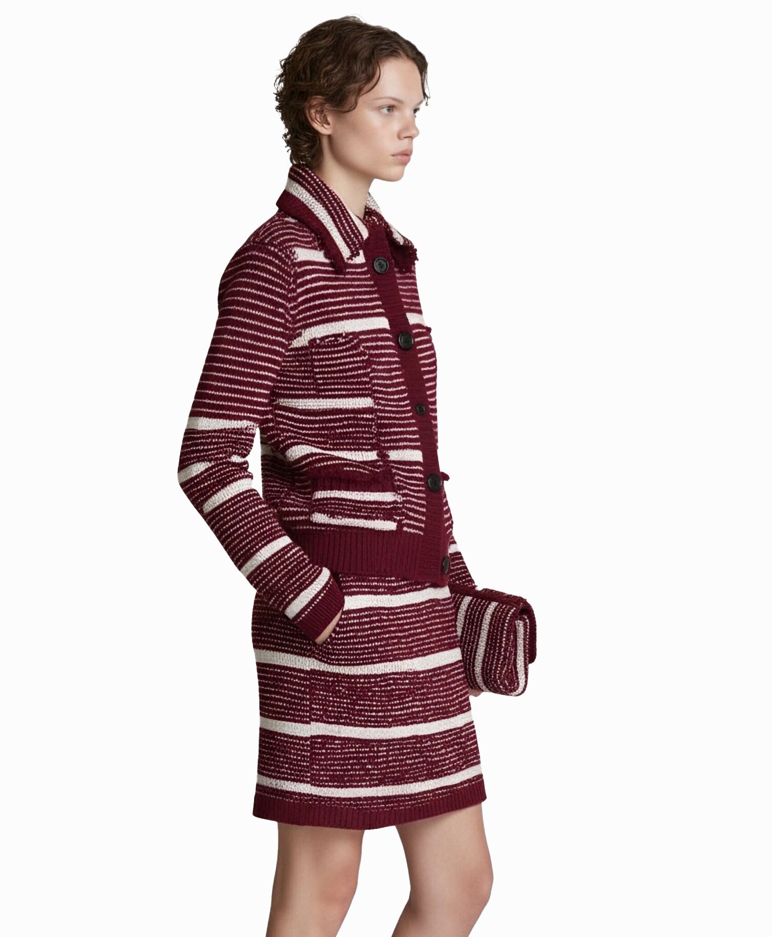s064Burgundy & Off-White Contrast Stripe Collared Knit Co-ord Set