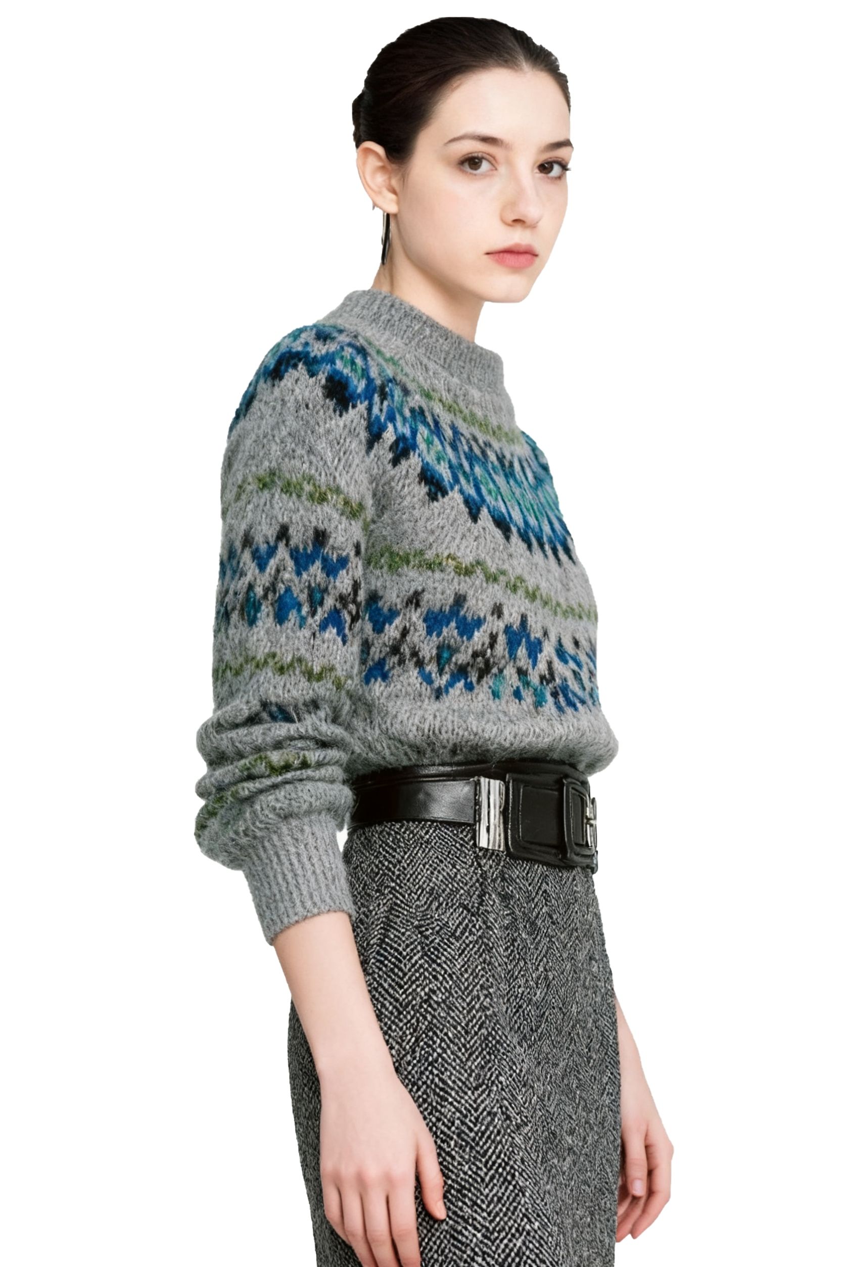 s057Misty Gray Floral Jacquard Mohair Blend Mock Neck Sweater