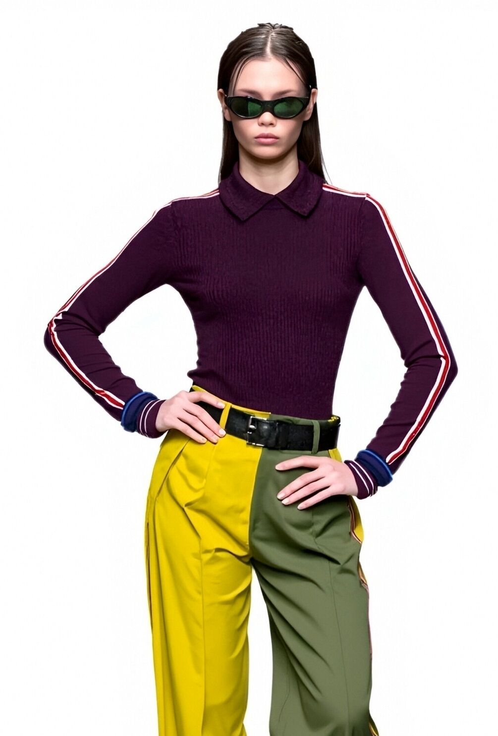 s092Deep Purple Contrast Tape Polo Collar Knit Top