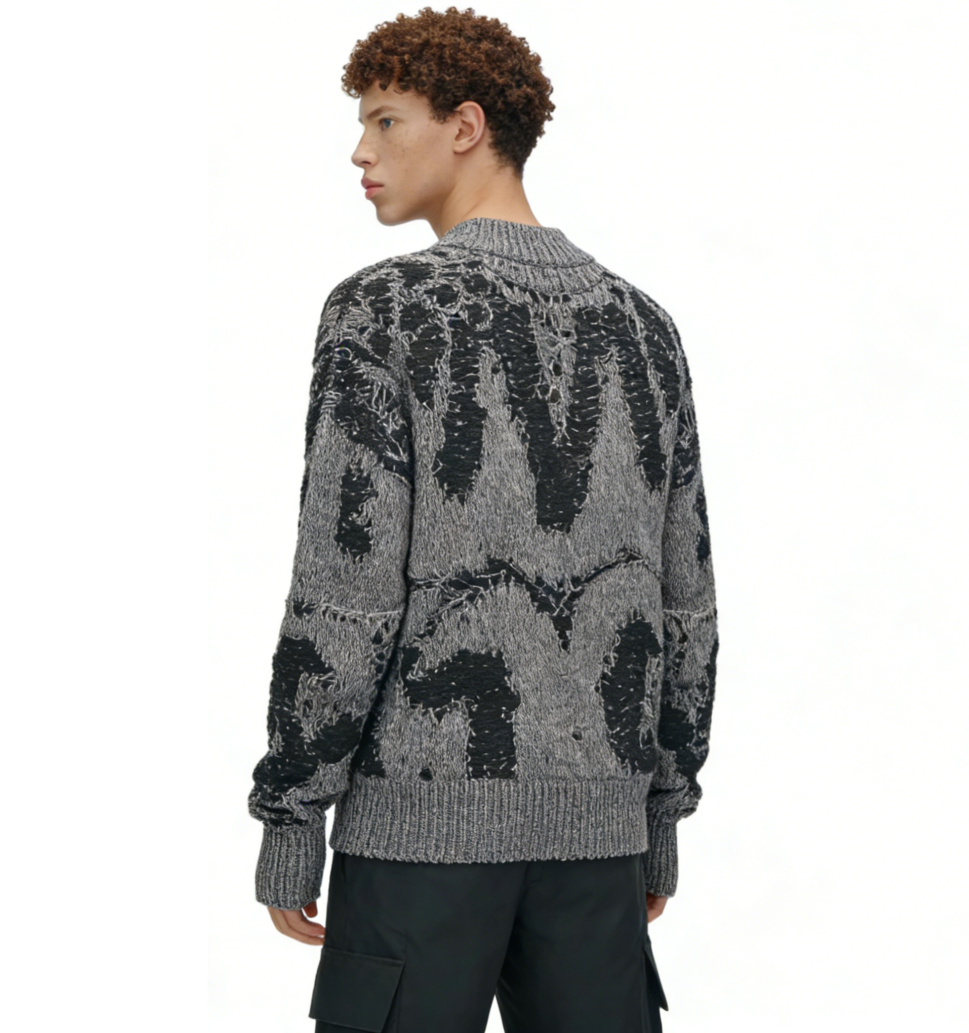 m016Eroded Texture Distressed Jacquard Mock Neck Sweater