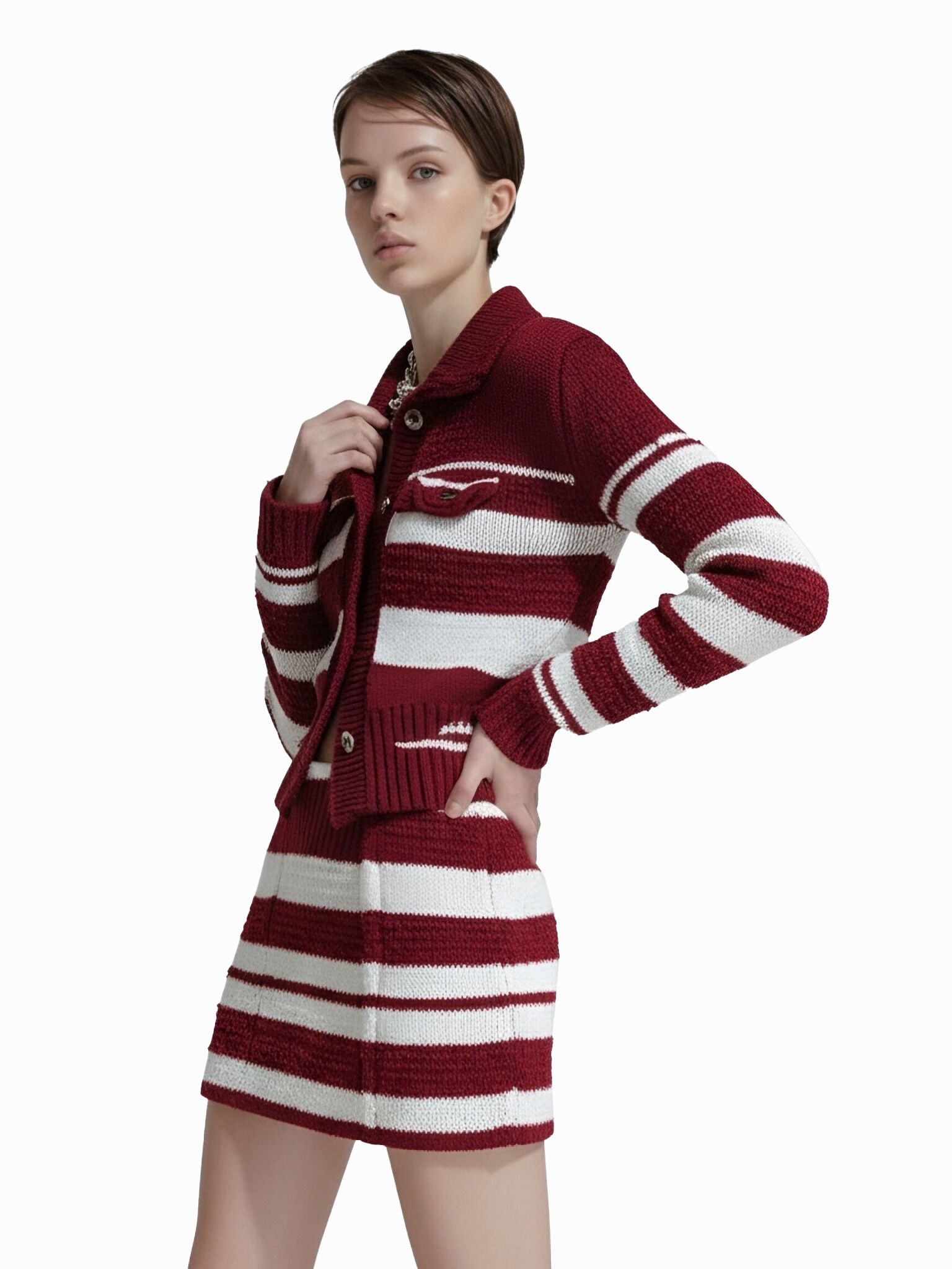 s065Burgundy & White Contrast Stripe Collared Knit Co-ord Set
