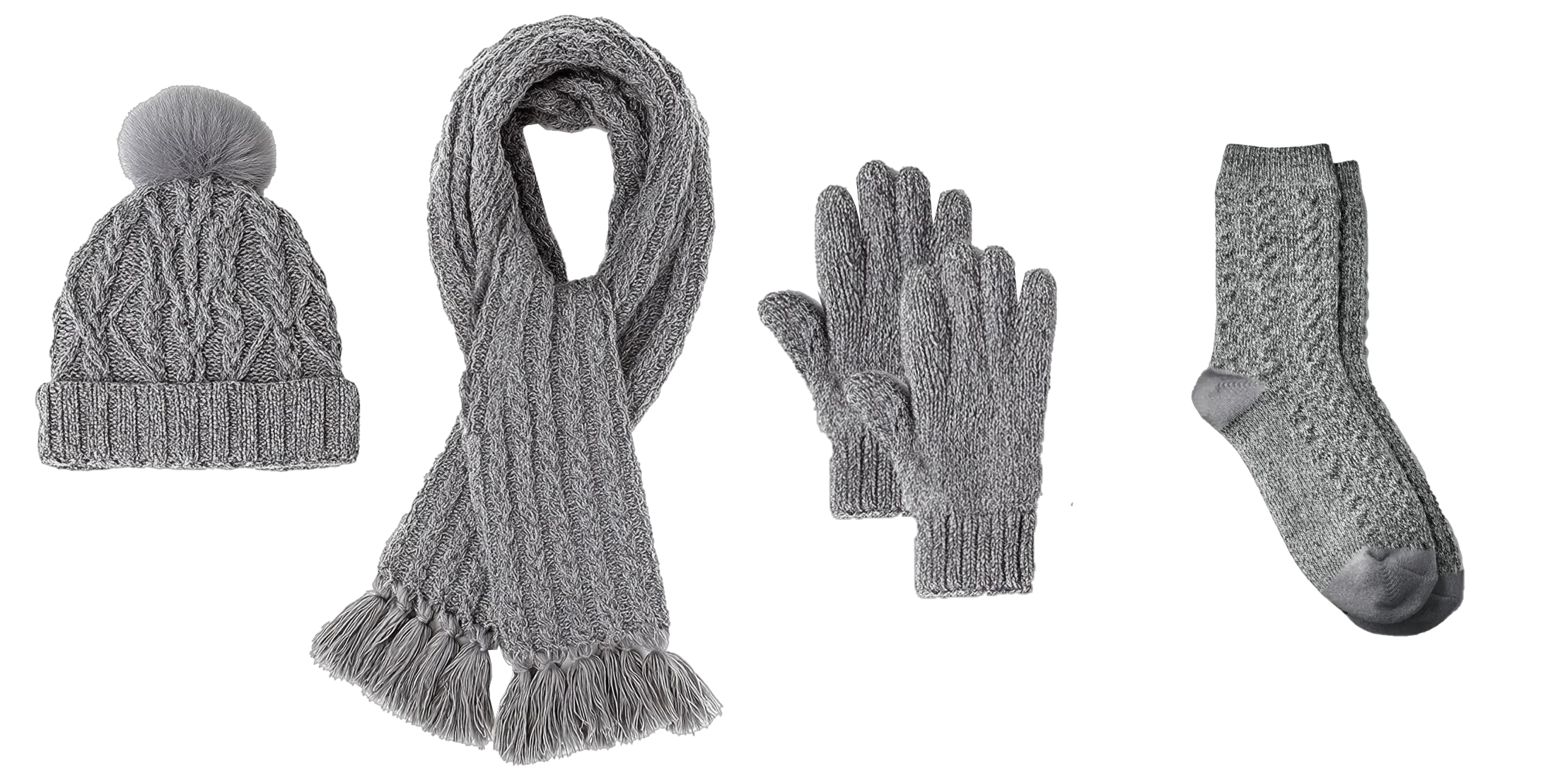 Cable Knit Pom Pom Fringe 4-Piece Winter Set