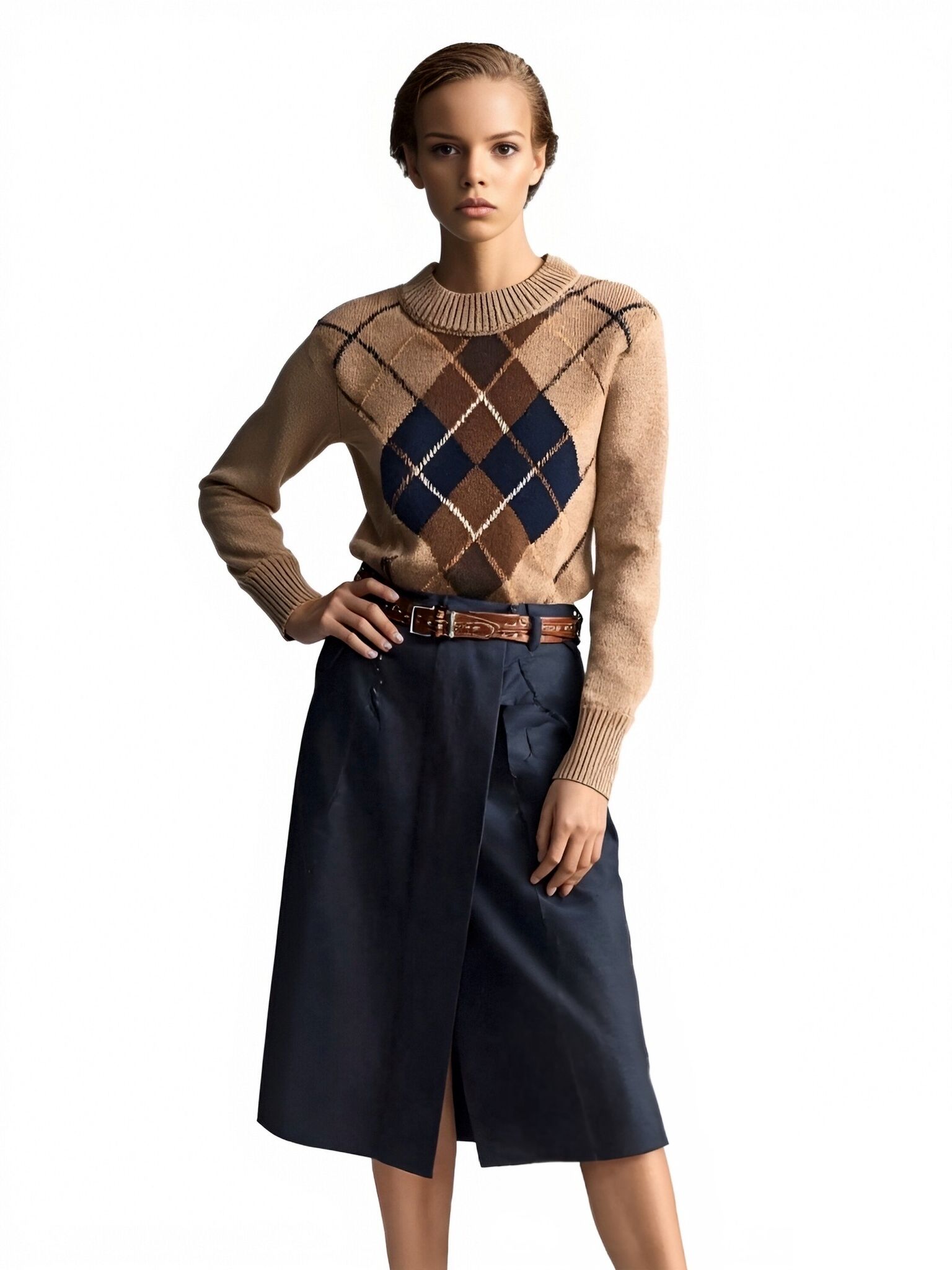 s095Camel Argyle Vintage Knit Sweater