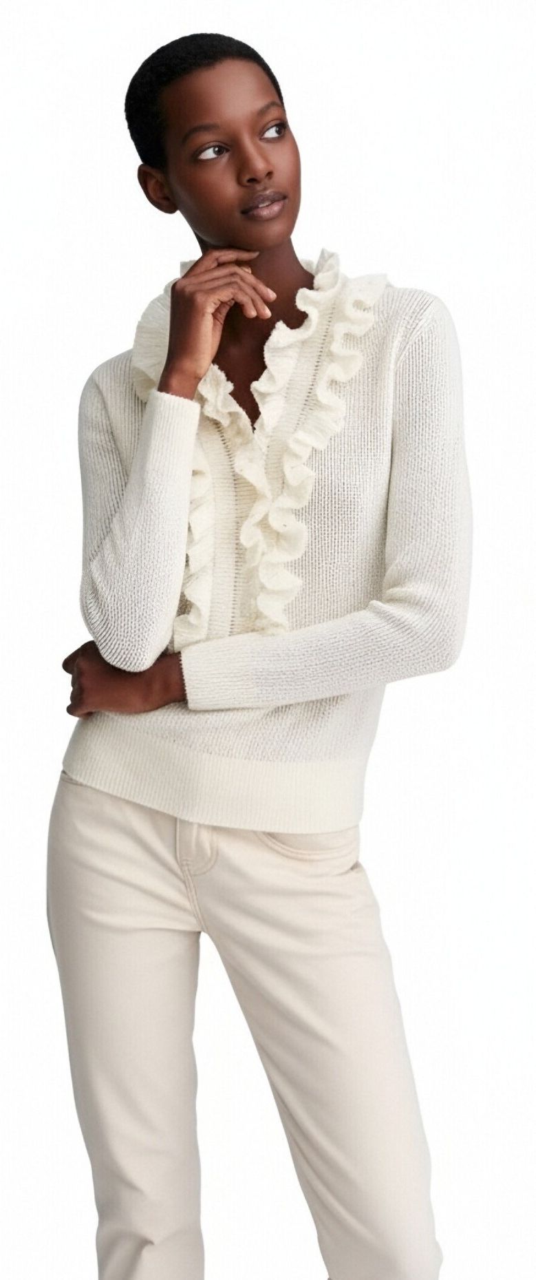 s083Off-White Ruffled V-Neck Knit Top