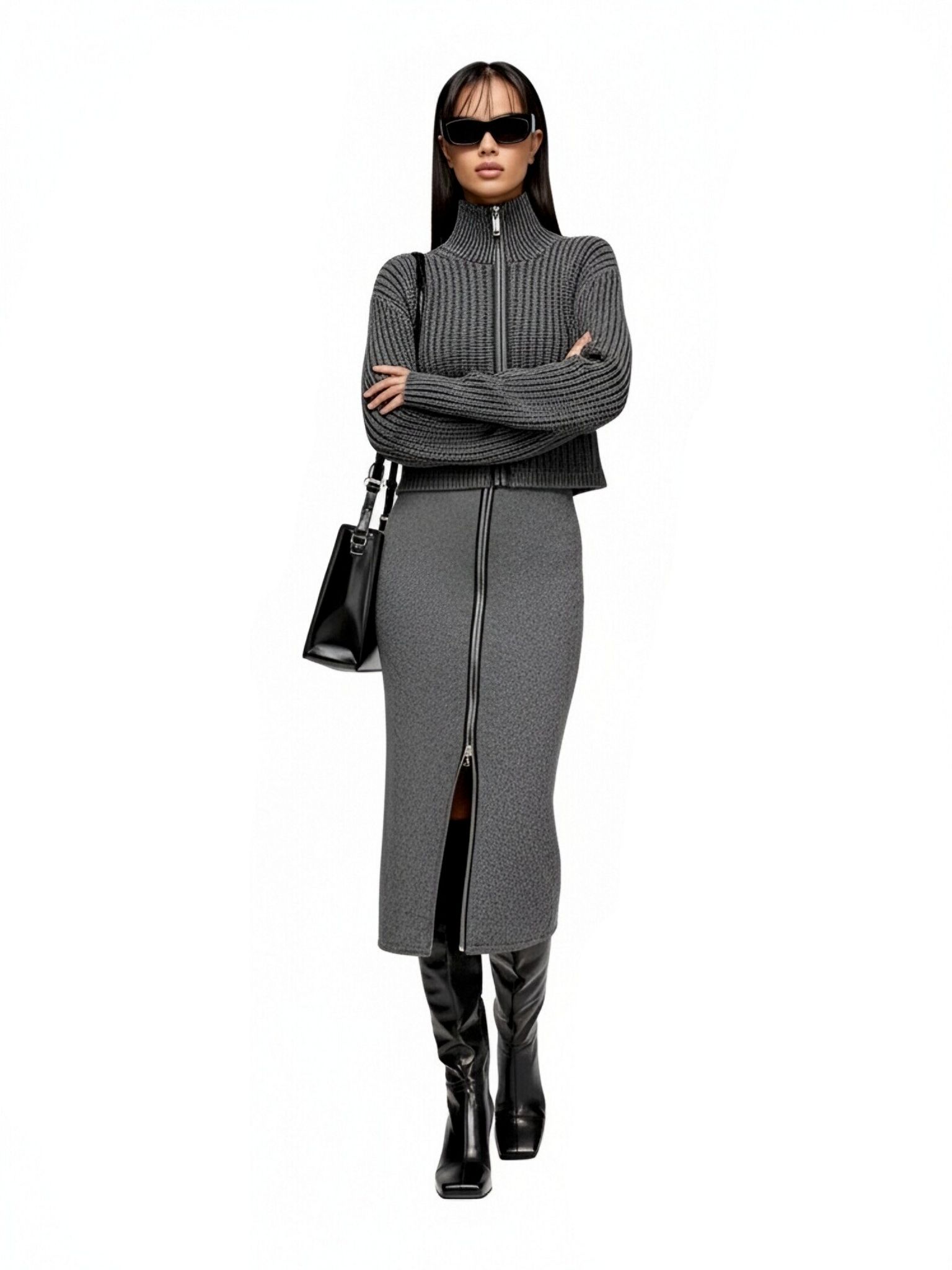 s078Charcoal Textured Zip-Up Knit Set
