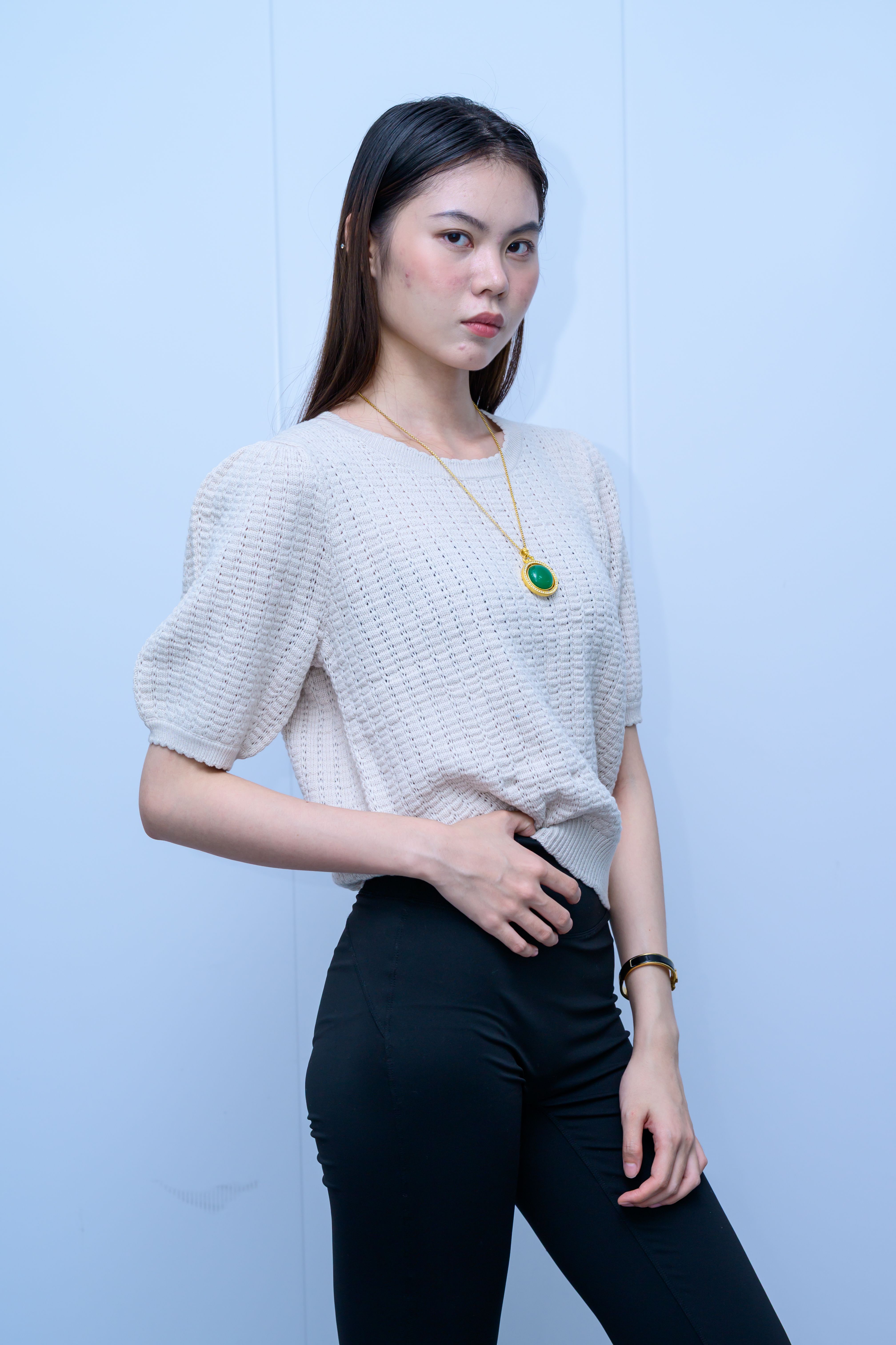 s051Off-White Puff Sleeve Waffle Knit Top