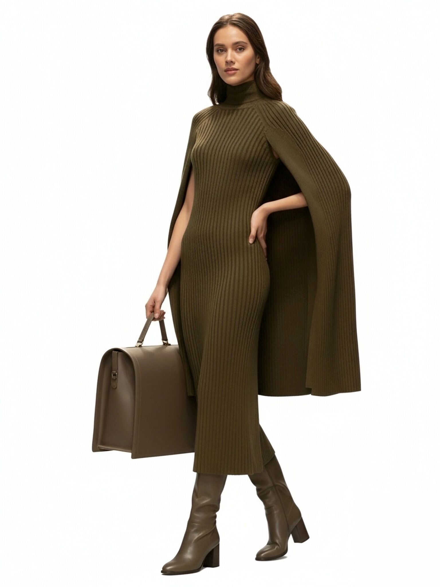 s080Olive Green Ribbed Cape Knit Dress