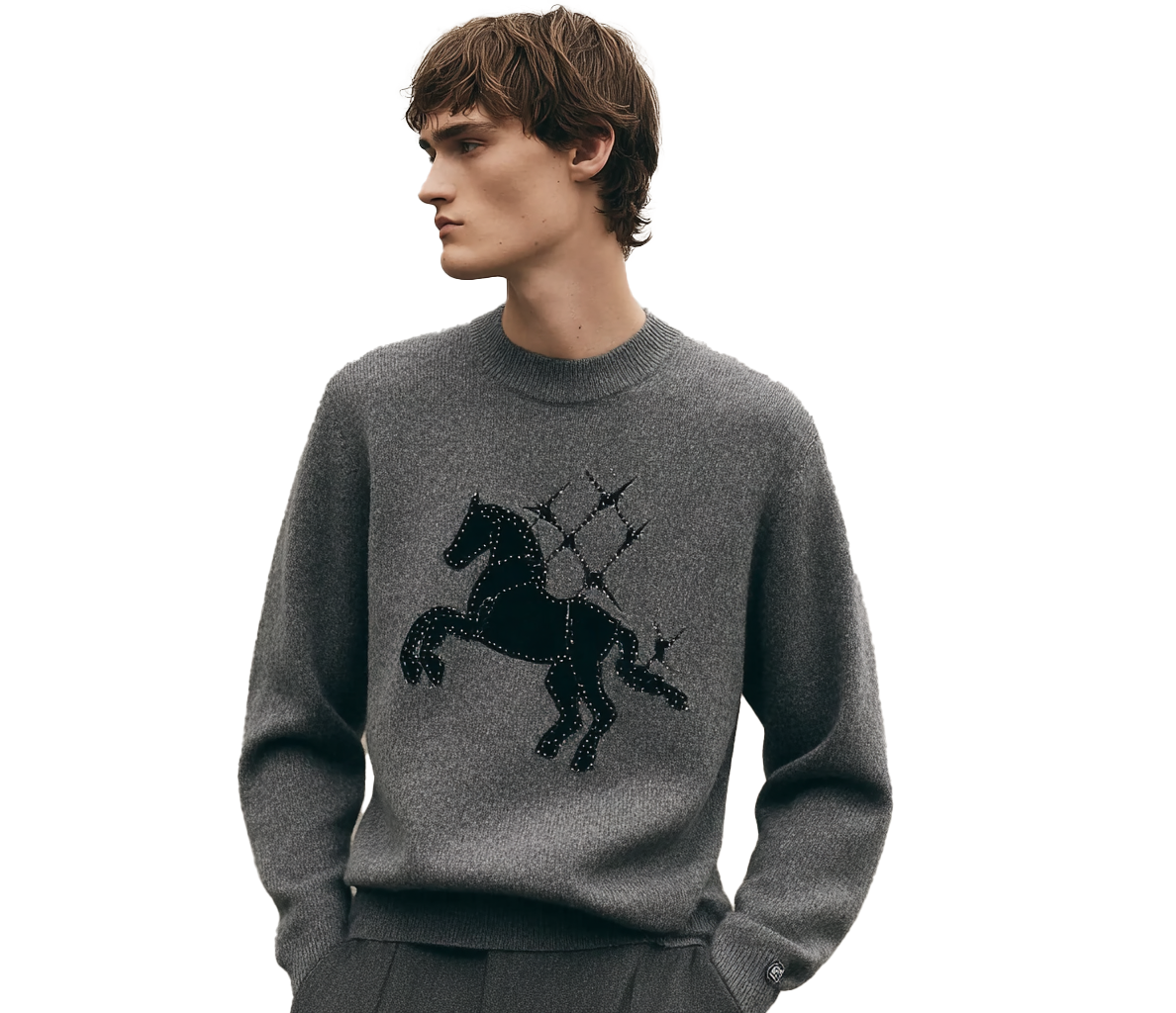 m028Starry Galloping Horse Flocked Beaded Crewneck Knit Sweater