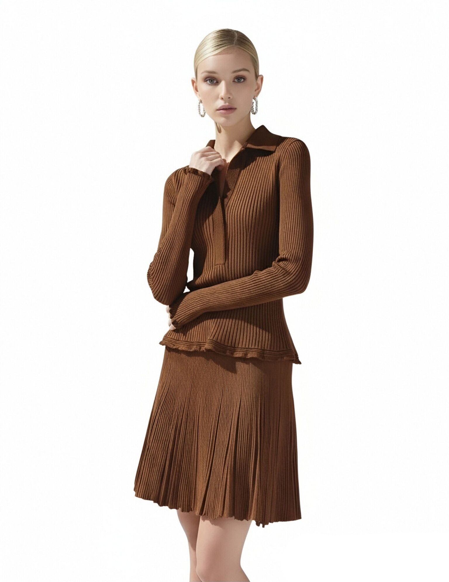 s093Caramel Vertical Rib Knit Set