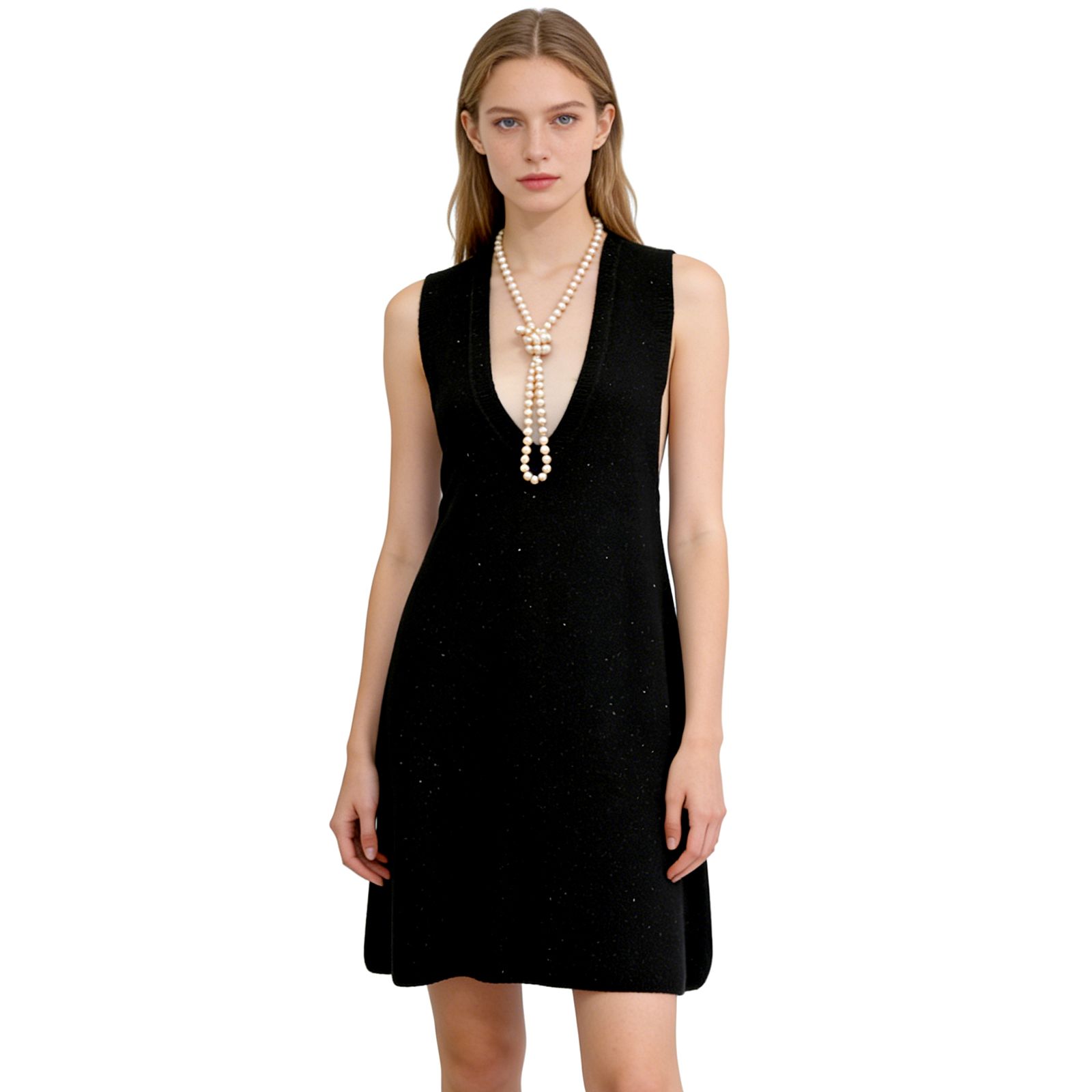 Black V-Neck Sleeveless Knitted Dress