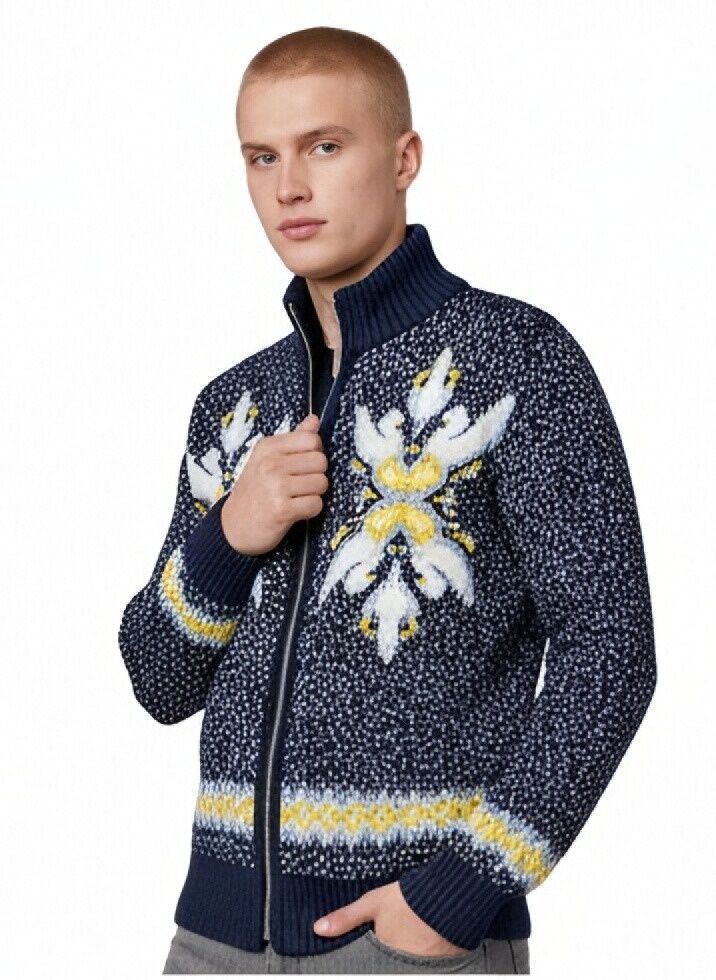 m019Navy Floral Cluster Zip-Up Mock Neck Cardigan