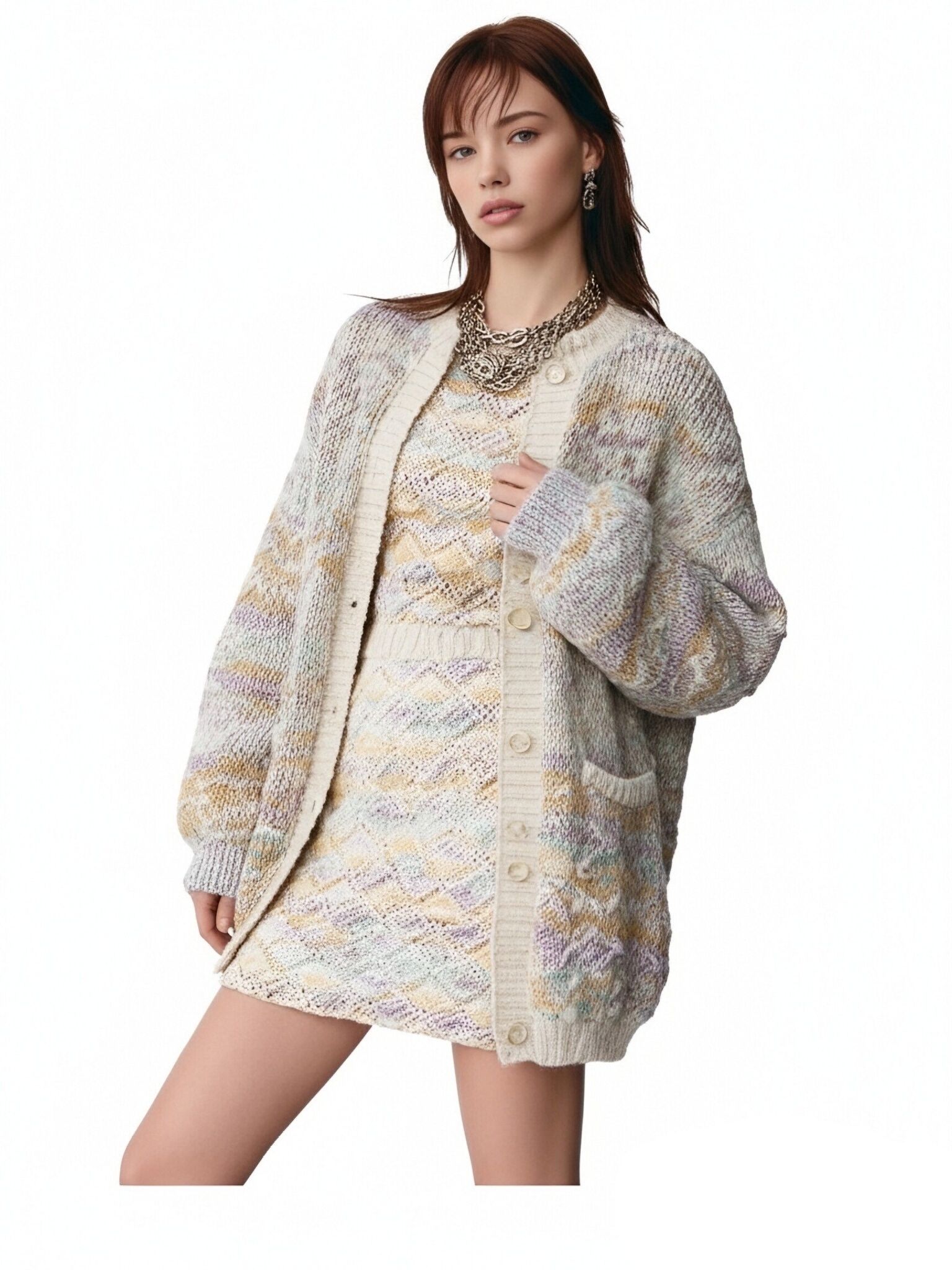 s087Macaron Color-Block Striped Knit Set