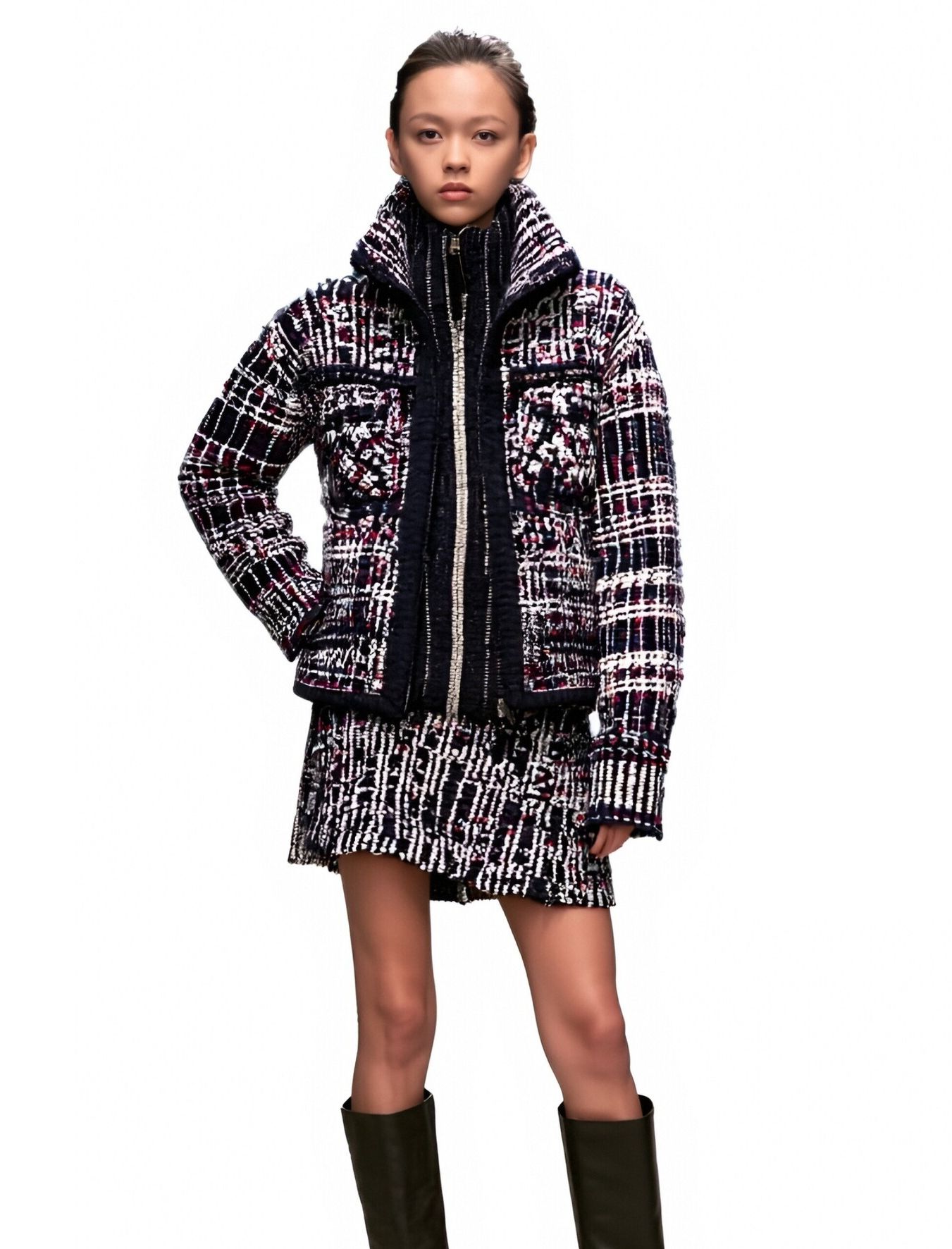 s063Navy Blue Multi-Color Speckled Tweed High-Neck Co-ord Set