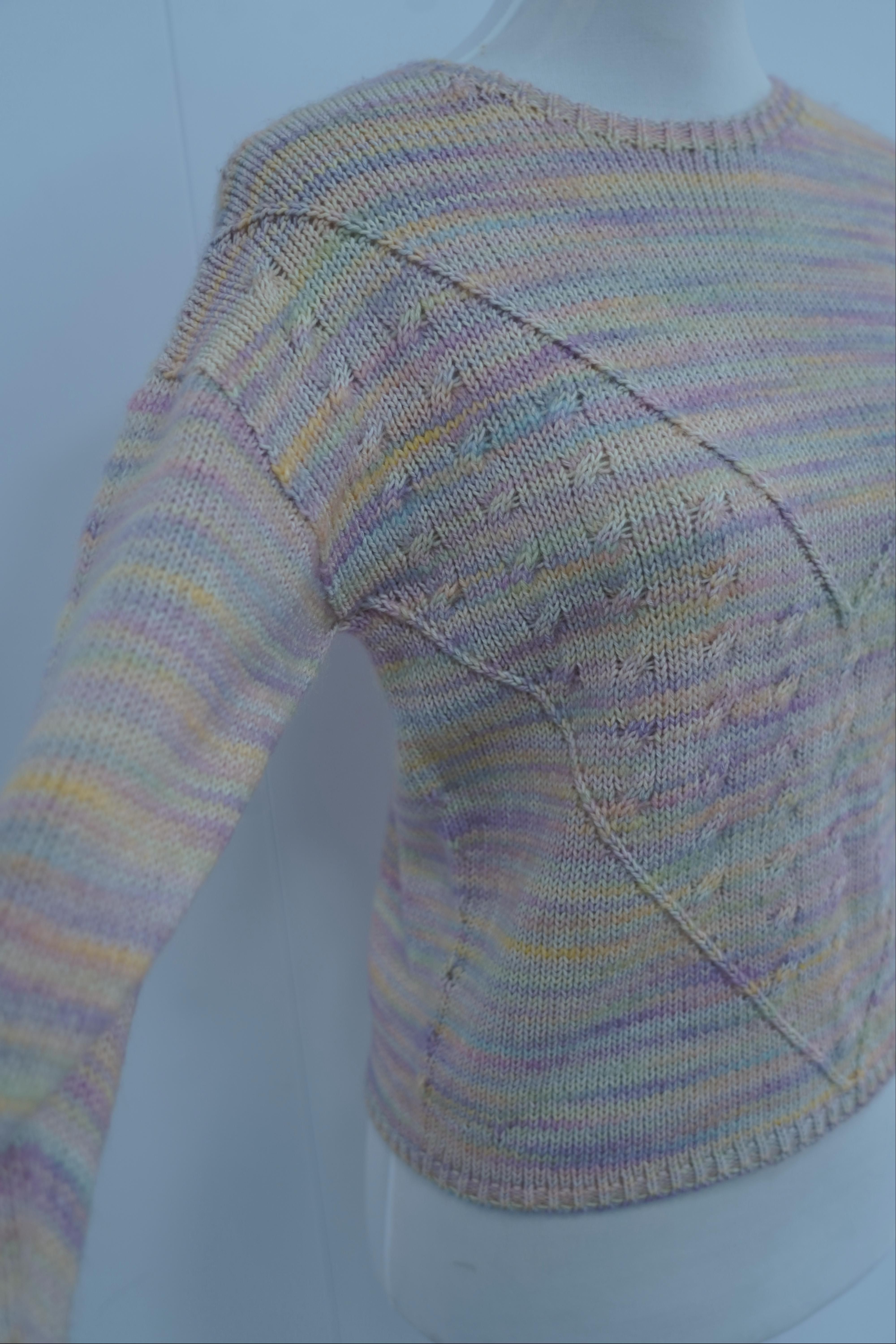s015Rainbow Gradient Openwork Knit Crew Neck Sweater