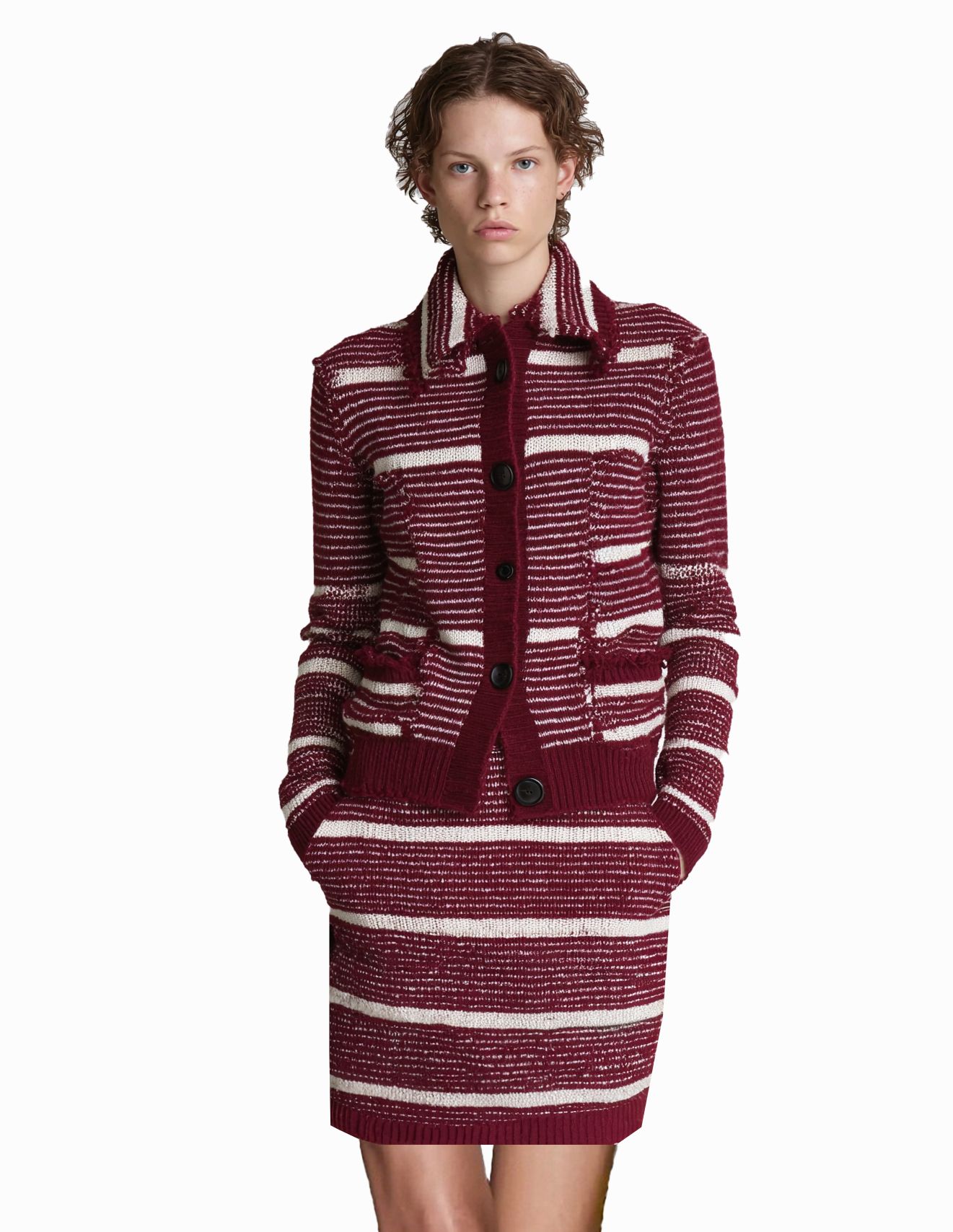 s064Burgundy & Off-White Contrast Stripe Collared Knit Co-ord Set