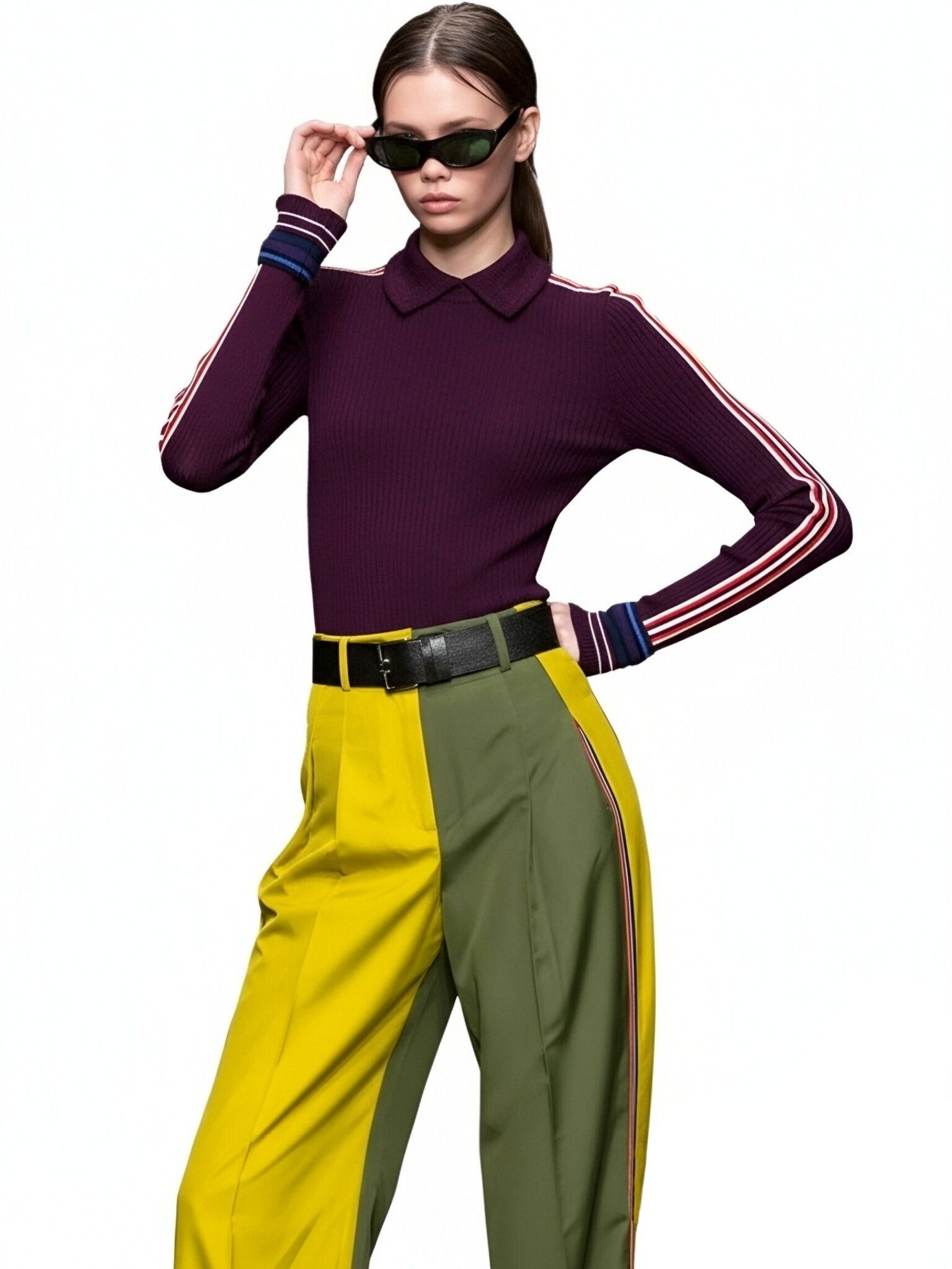 s092Deep Purple Contrast Tape Polo Collar Knit Top