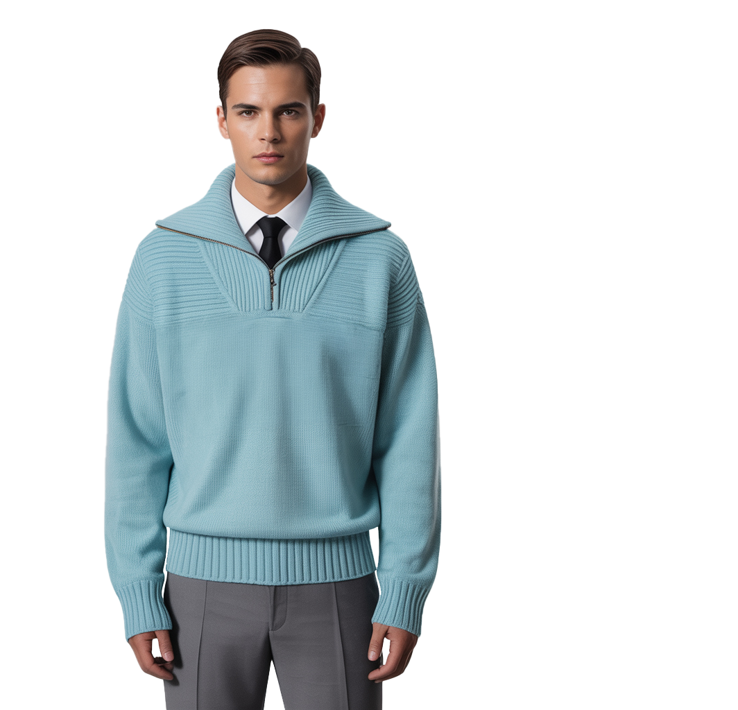 m002Sky Blue Half-Zip Funnel Neck Knit Sweater
