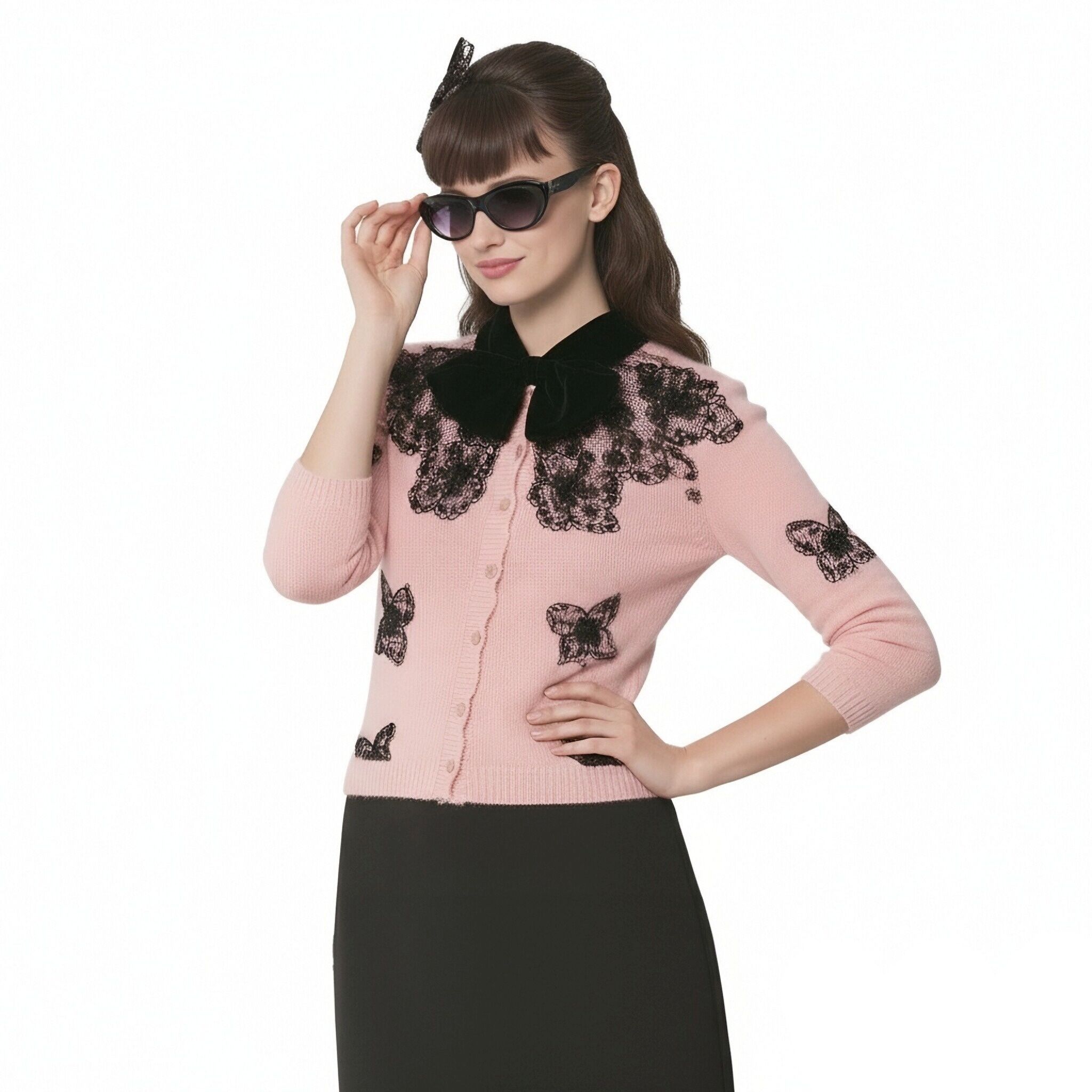 s098Sakura Pink Lace & Butterfly Knit Cardigan