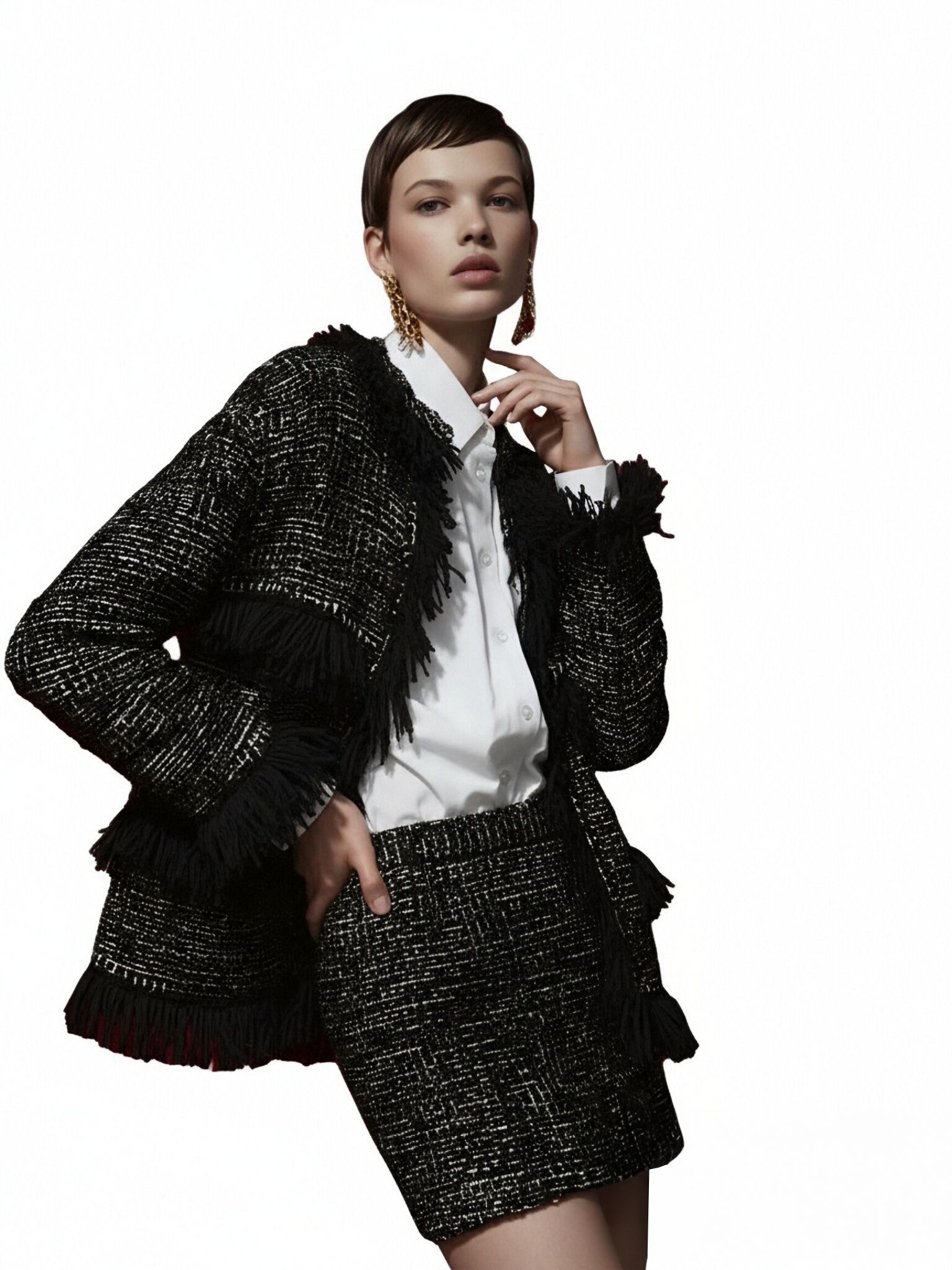 s061Black & White Tweed Fringe Trimmed Chanel-Style Co-ord Set