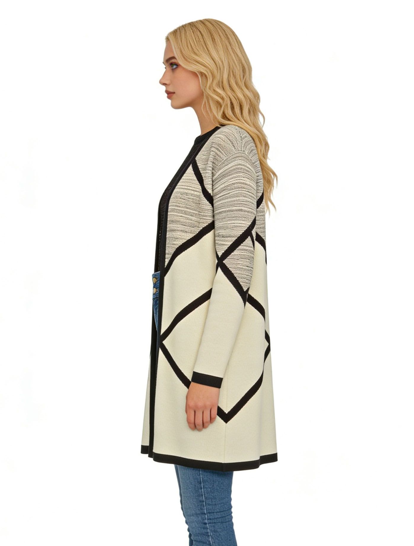 s113Geometric Diamond Color-Block Cardigan