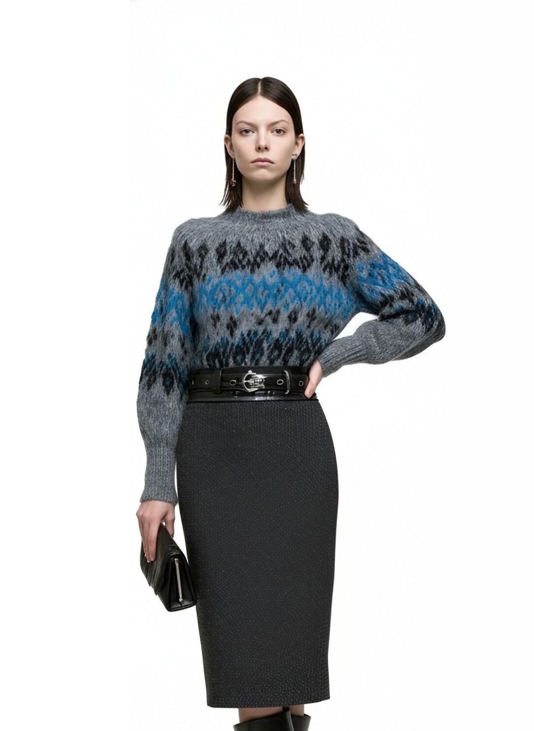 s056Misty Gray Icelandic Pattern Mohair Blend Crew Neck Sweater