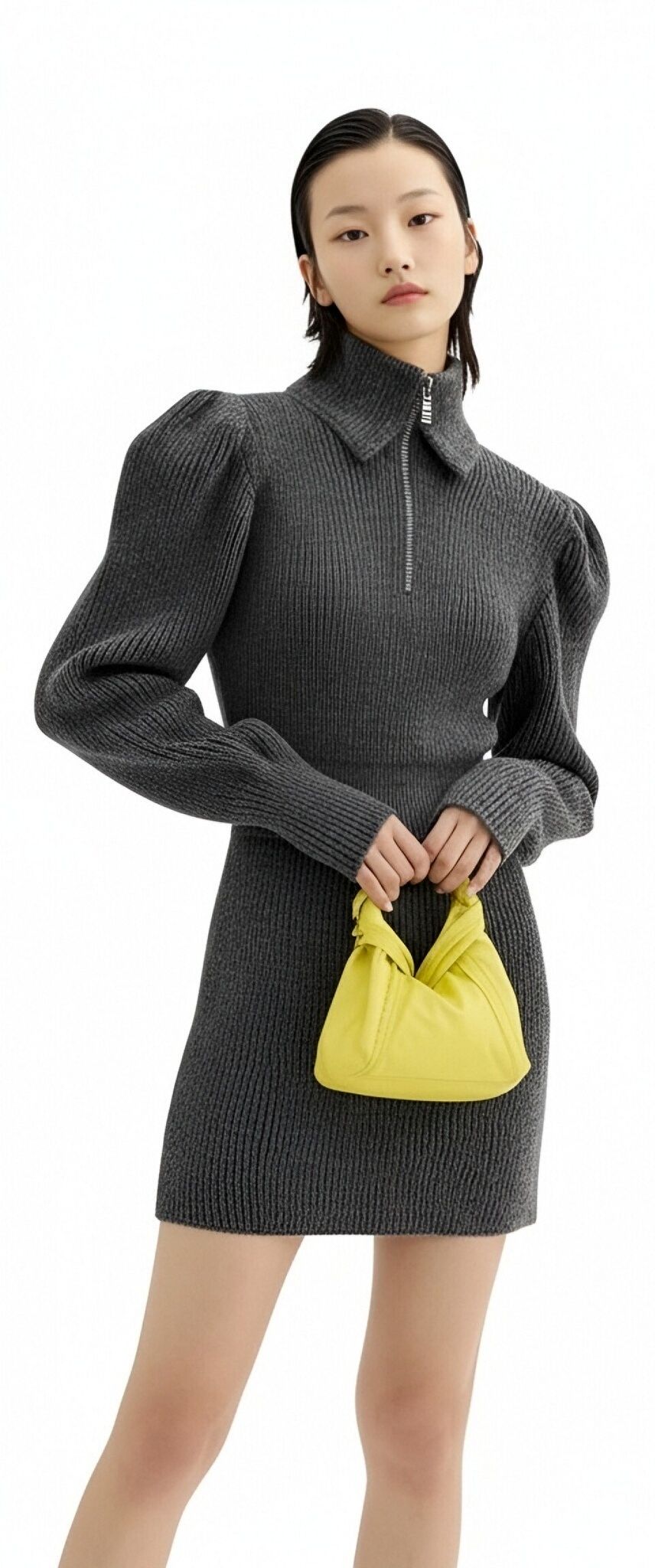 s077Charcoal Ribbed Zip-Up Puff Sleeve Knit Dress