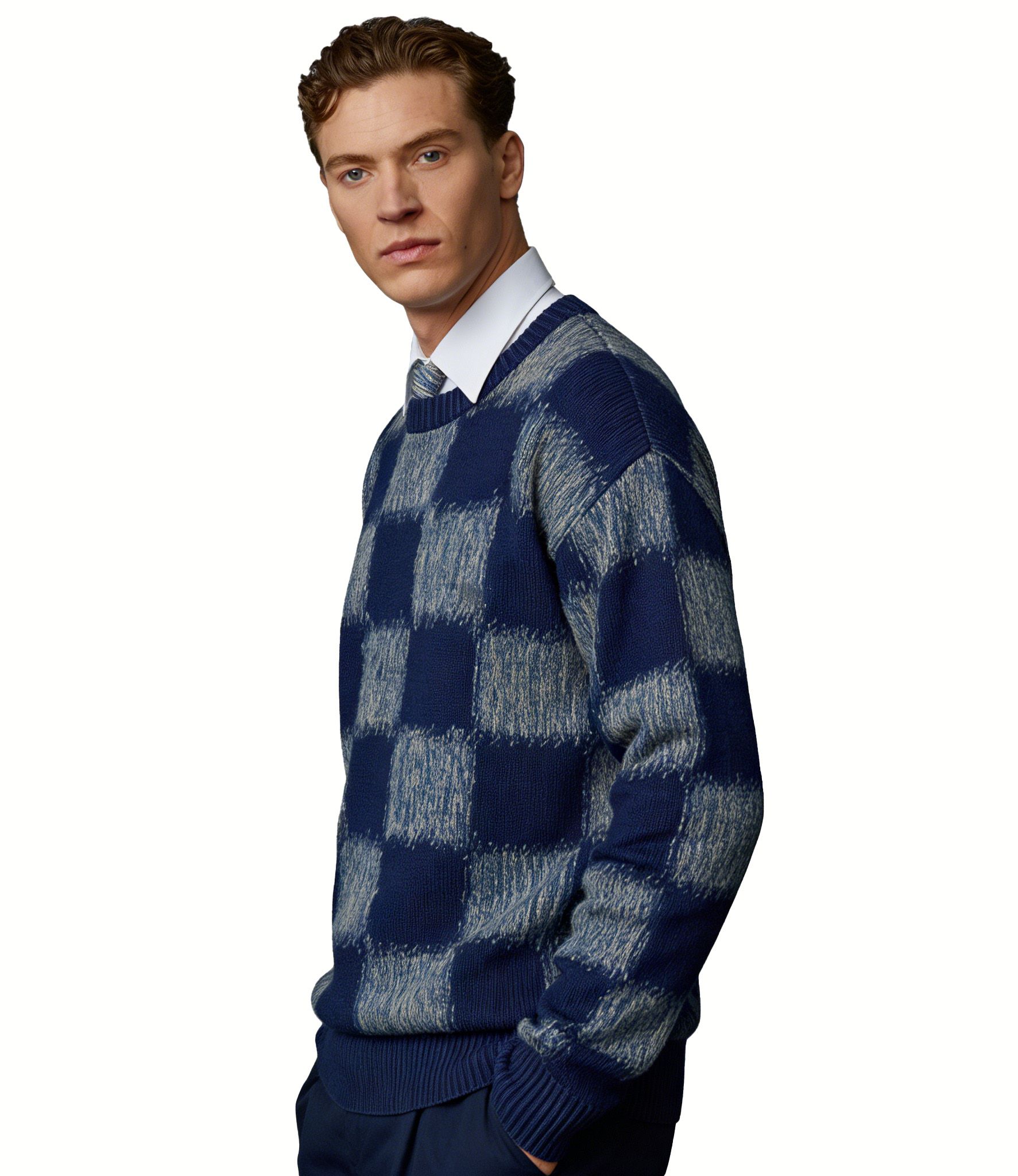 m001Sea Mist Checkerboard Knit Sweater