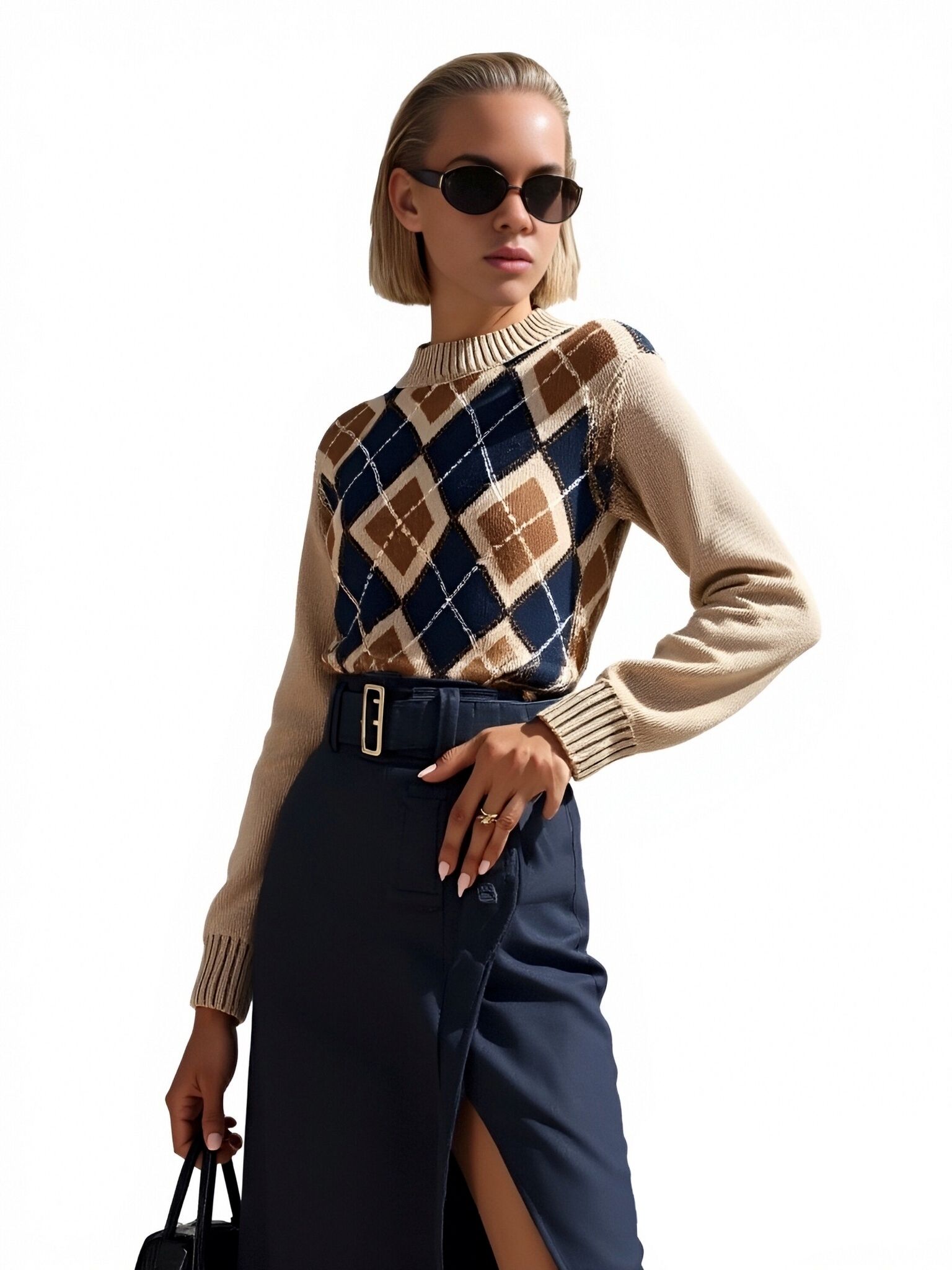 s094Camel & Navy Argyle Mock Neck Knit Sweater