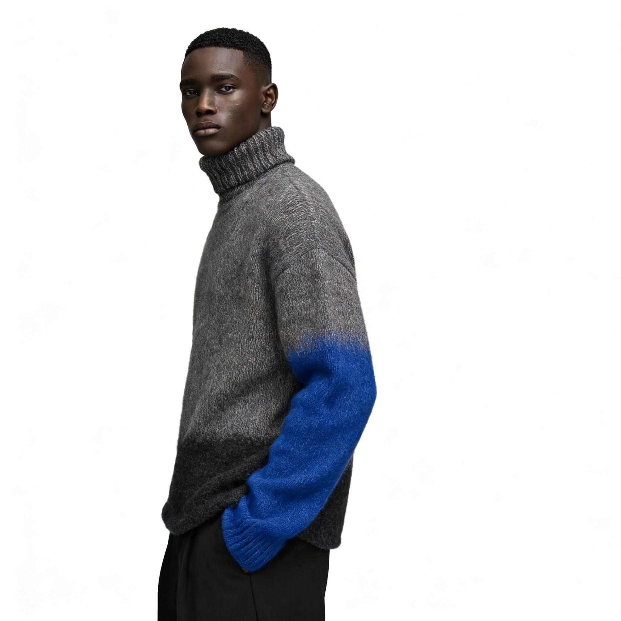 m018Grey-Blue Gradient Turtleneck Knit Sweater