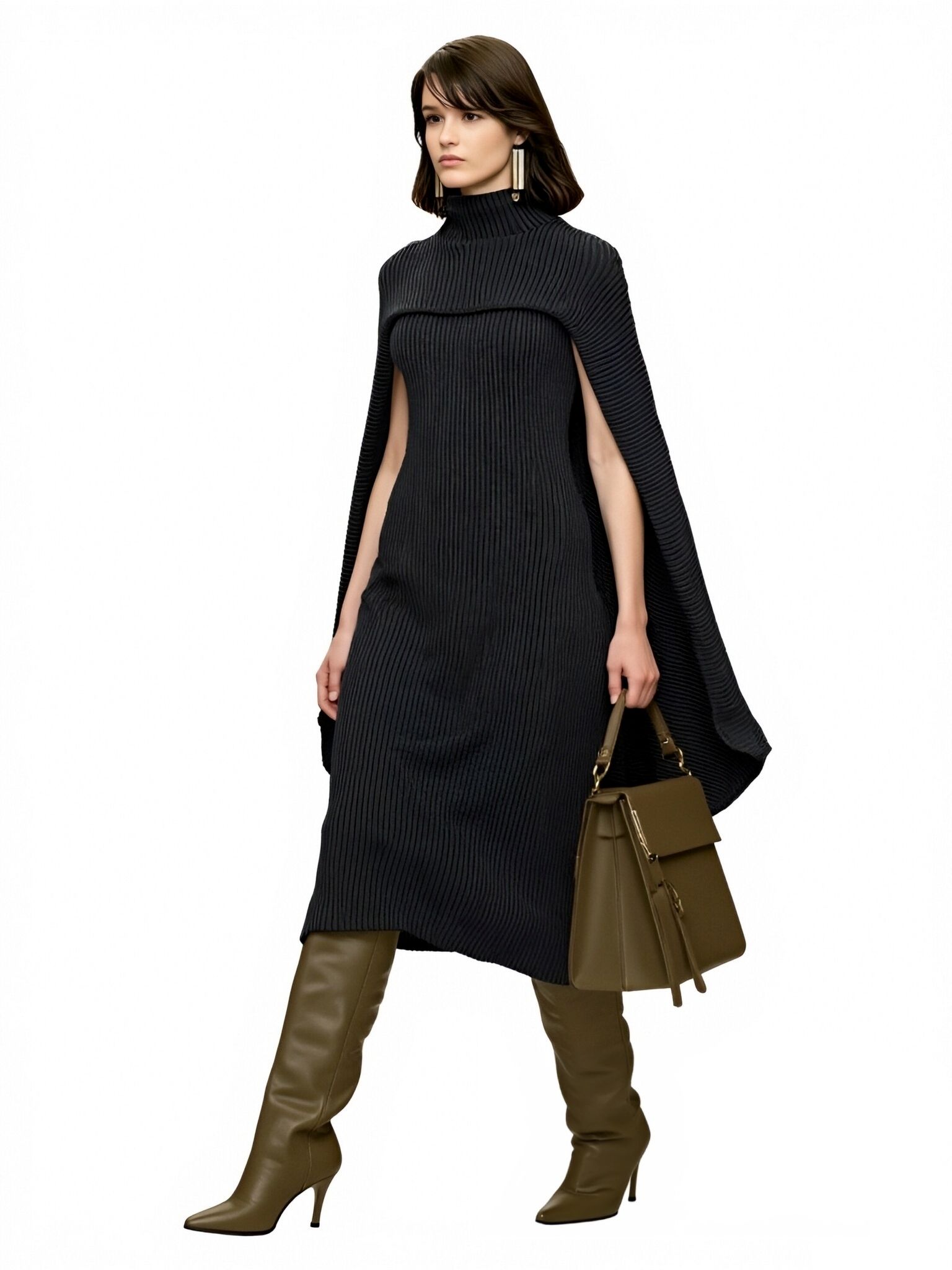 s081Black Ribbed Cape Knit Dress