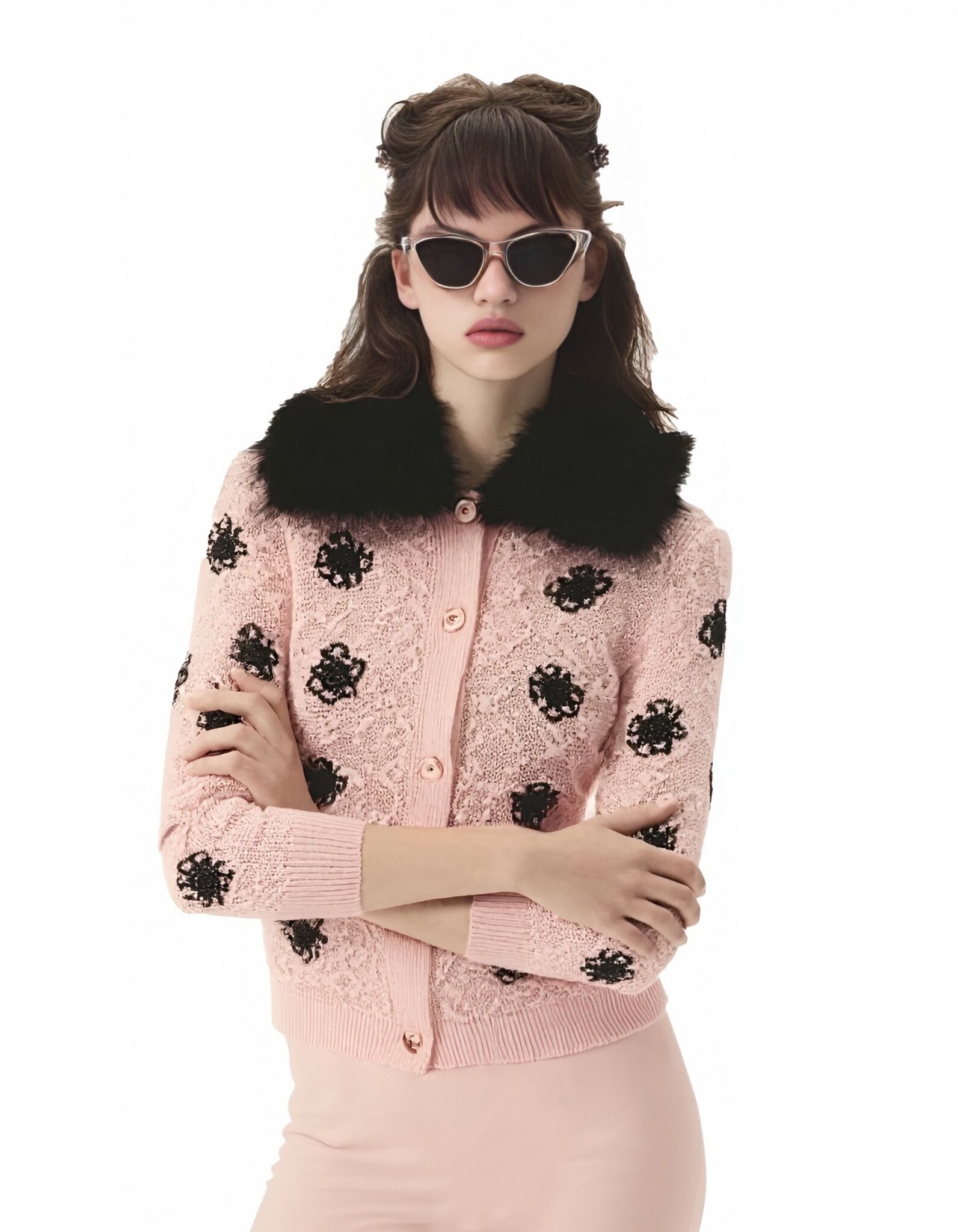 s099Sakura Pink 3D Floral Jacquard Furry Collar Knit Cardigan