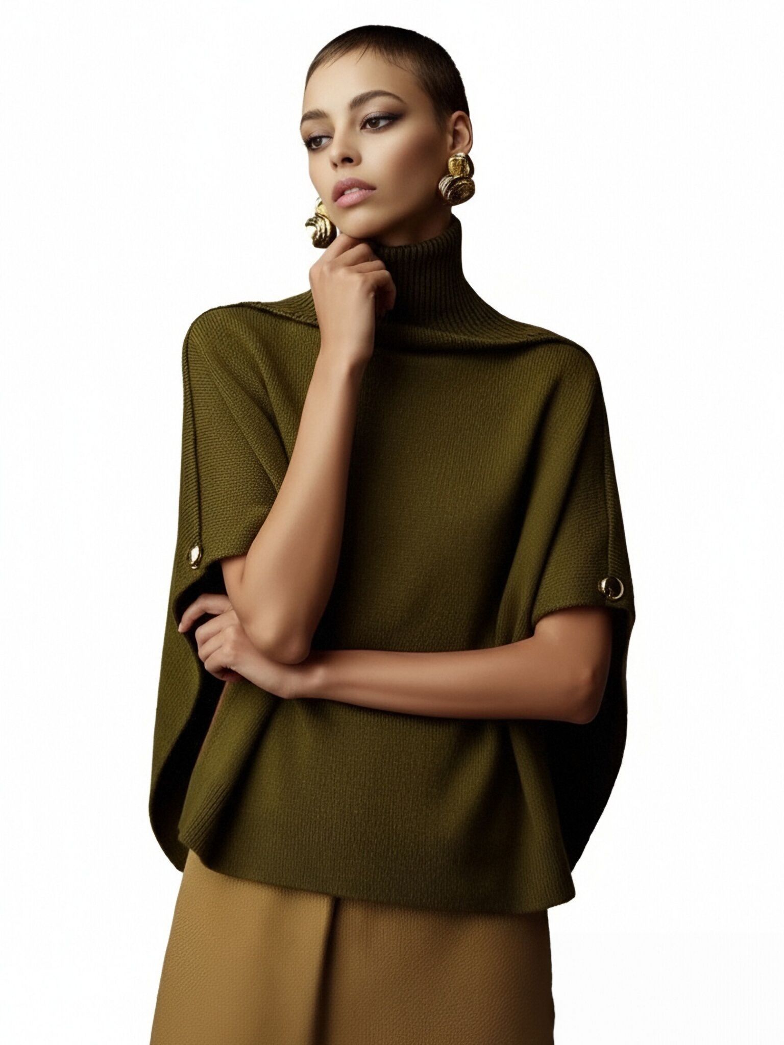 s103Olive Green Turtleneck Cape Knit Top