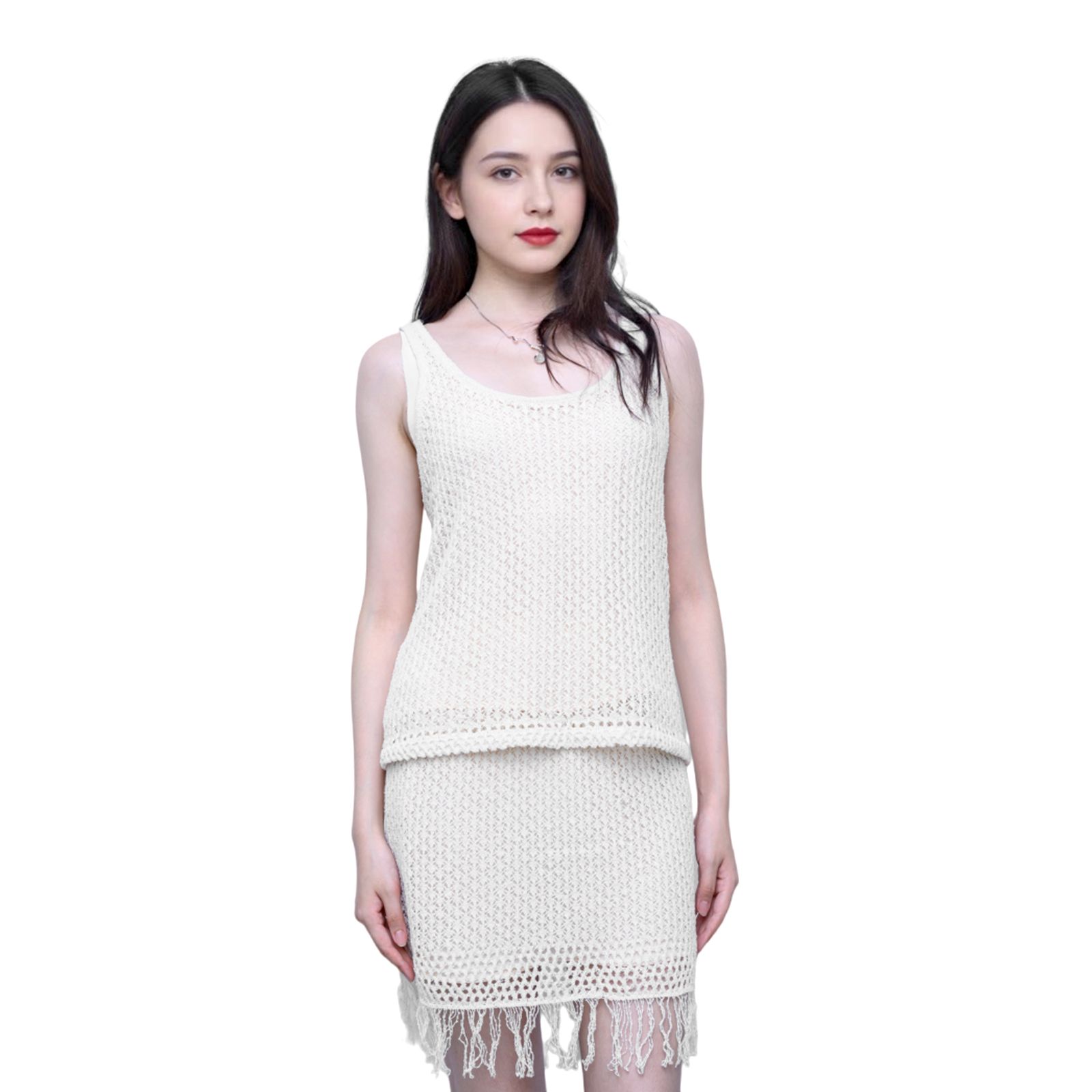 Off-White Textured Knit Fringe Co-ord Set