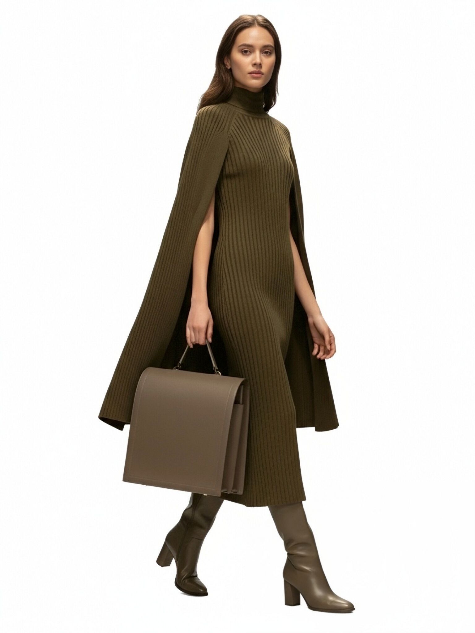 s080Olive Green Ribbed Cape Knit Dress