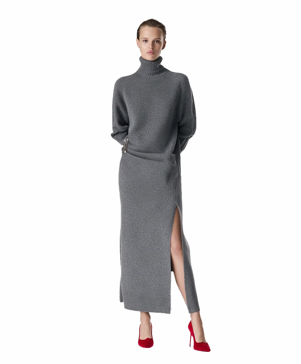 s071Charcoal Gray Vertical Ribbed Turtleneck Knit Co-ord Set