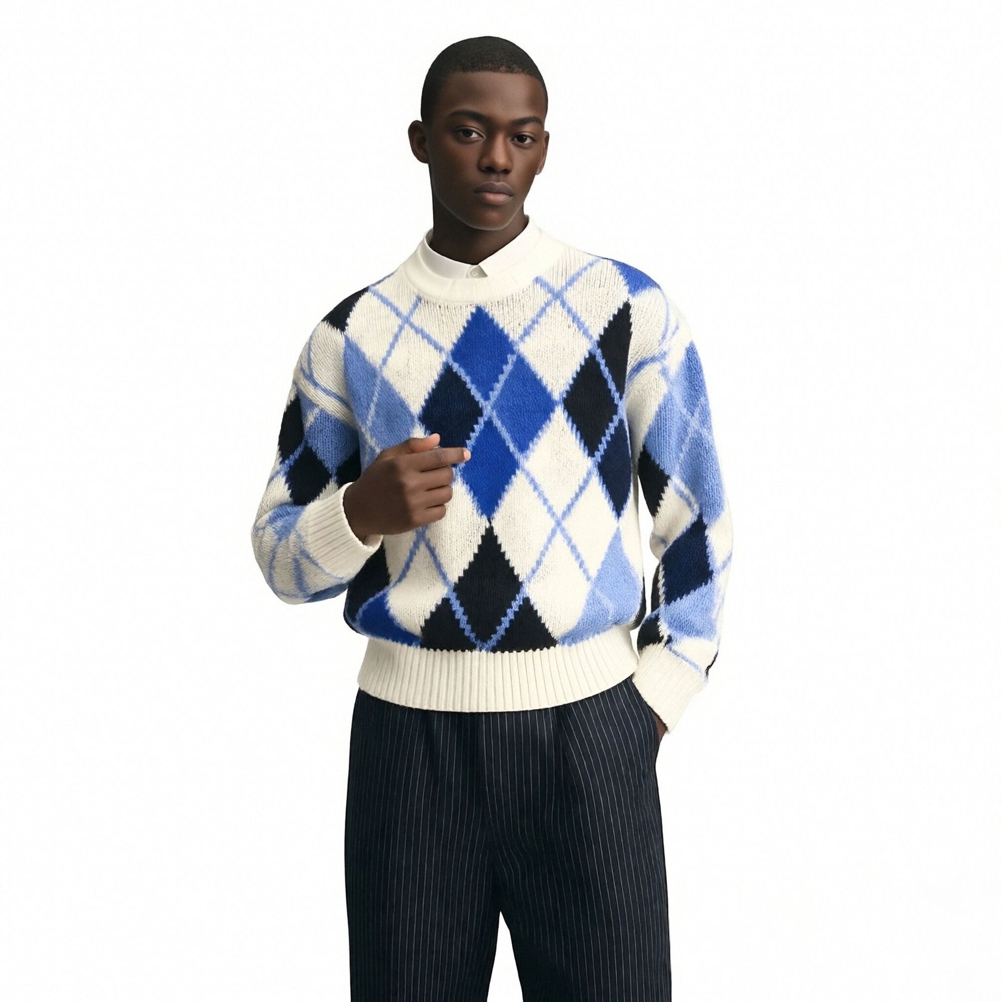 m009Ice Blue Argyle Intarsia Knit Sweater