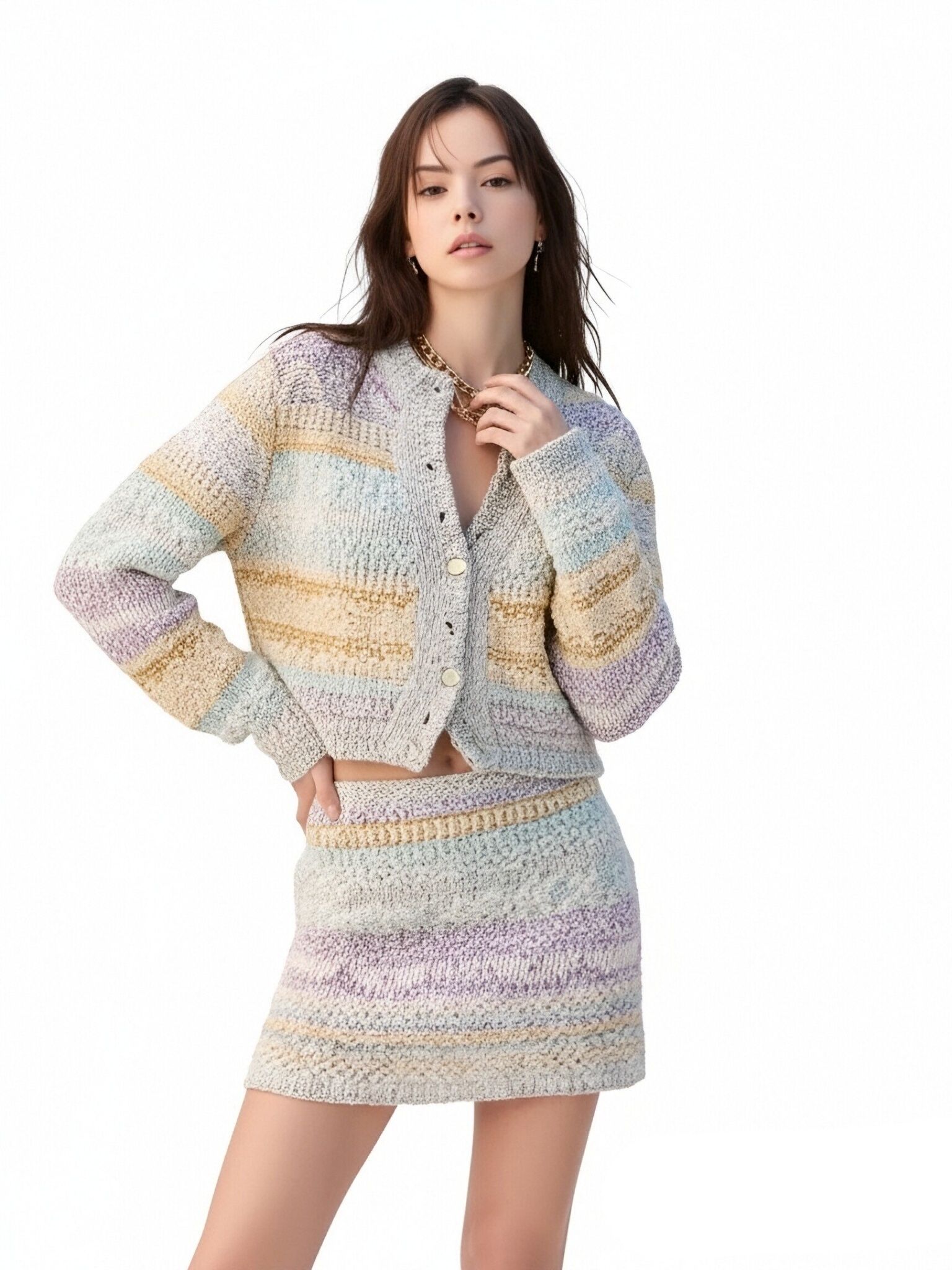 s086Macaron Color-Block Striped Knit Set