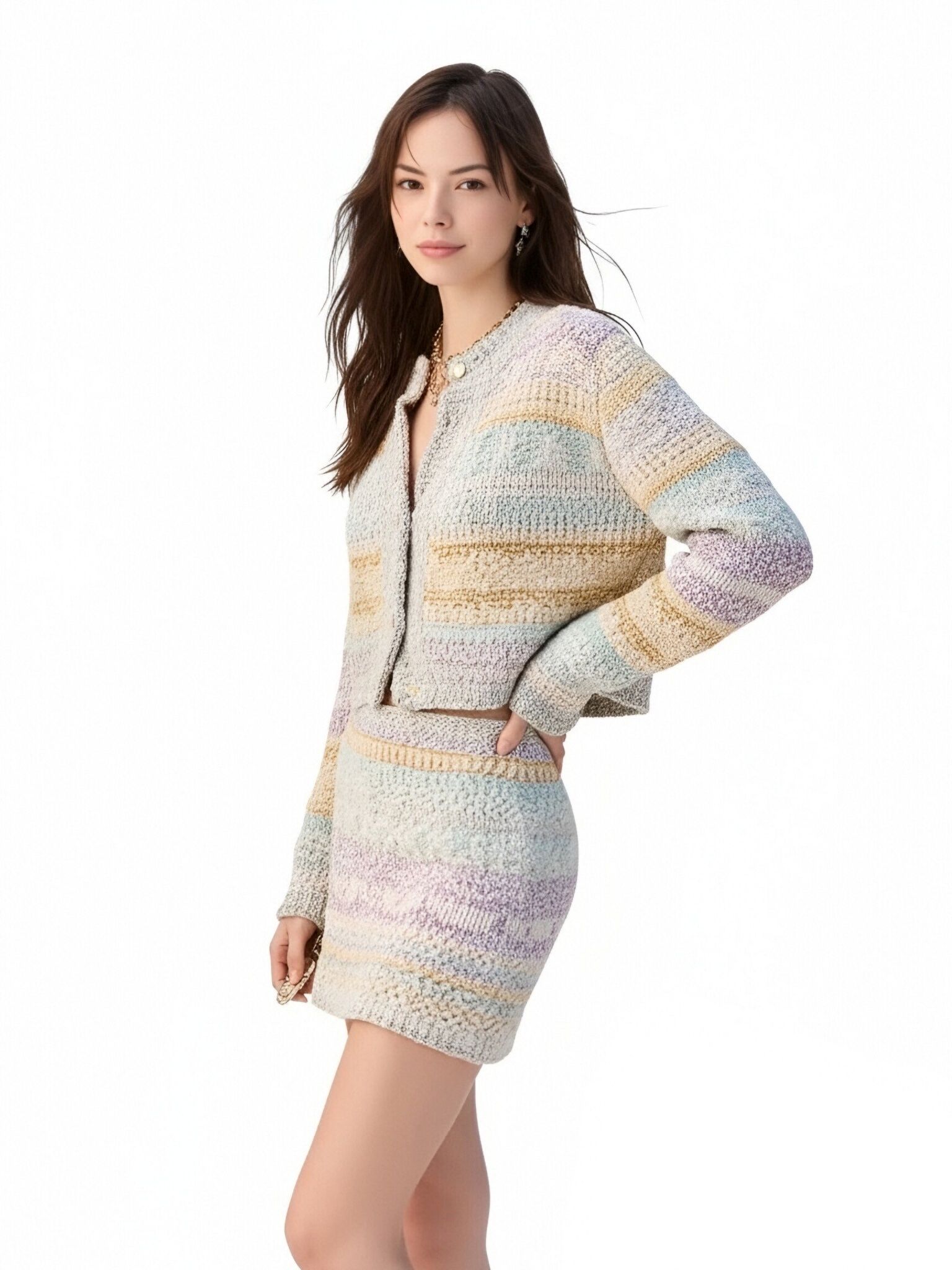s086Macaron Color-Block Striped Knit Set