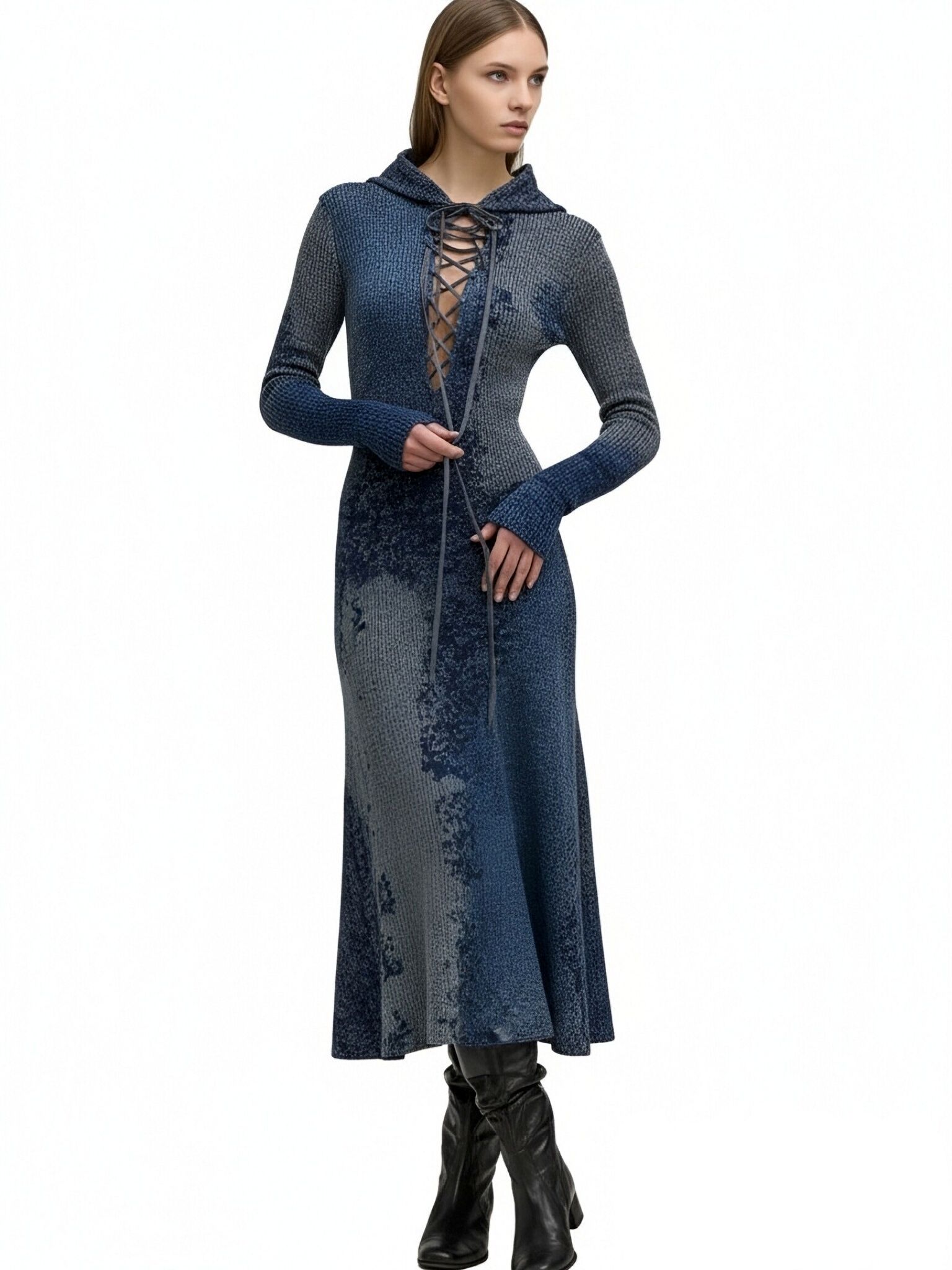 s091Blue-Grey Tie-Dye Hooded Lace-Up Knit Maxi Dress