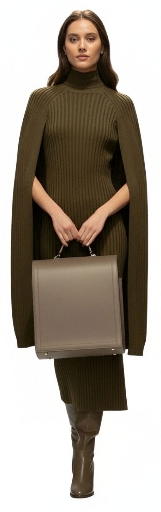 s080Olive Green Ribbed Cape Knit Dress