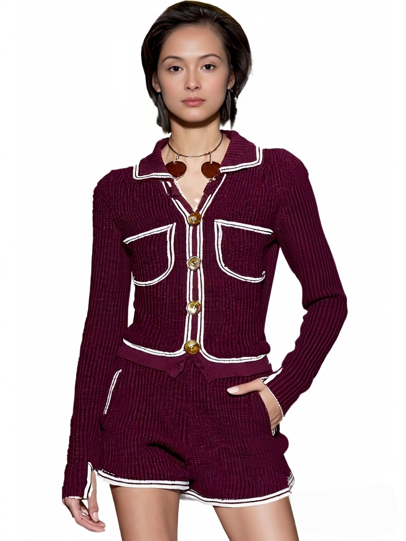 s067Burgundy & White Trim Waffle Knit Co-ord Set