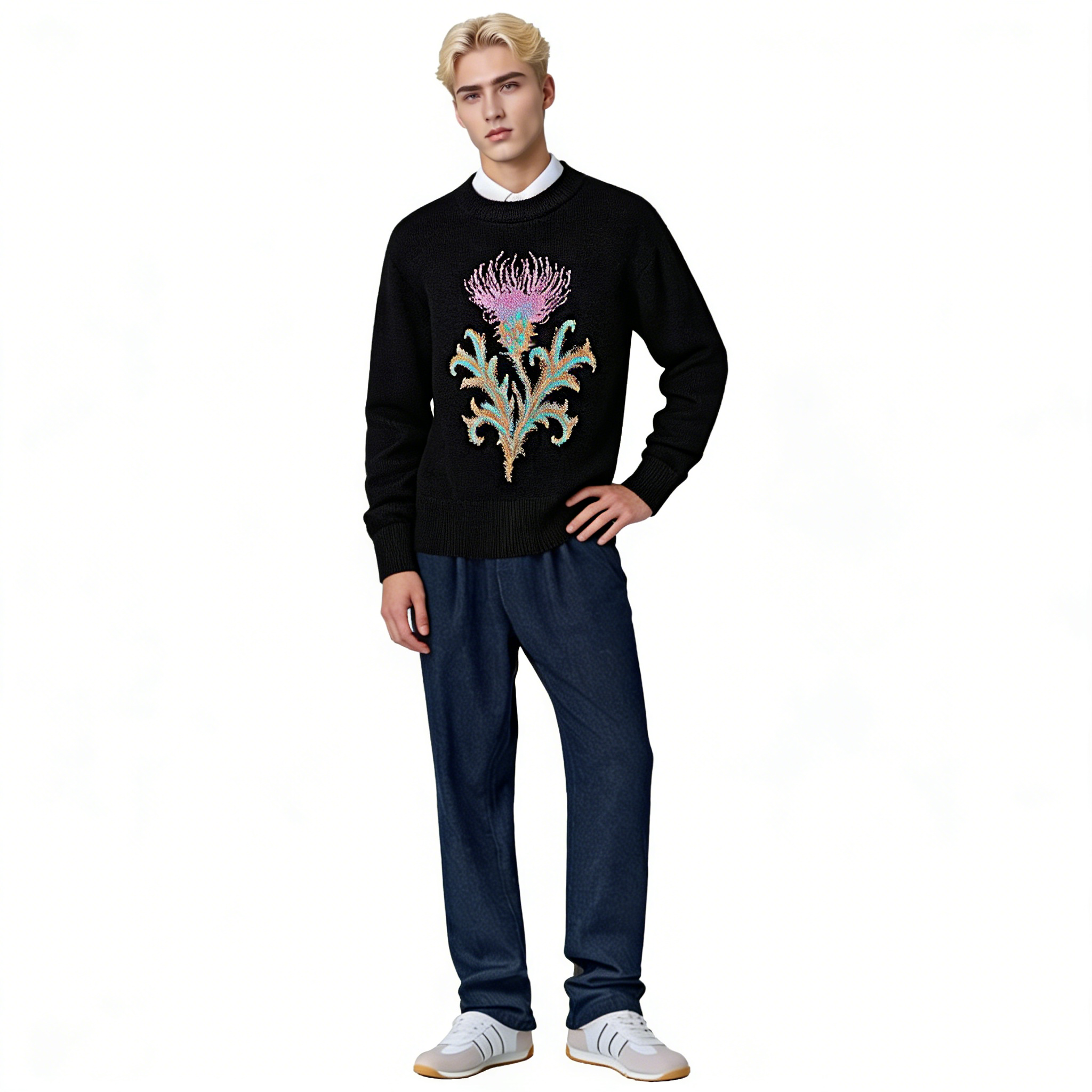m008Midnight Thistle Intarsia Knit Sweater