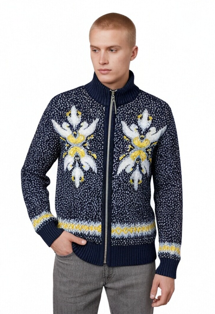m019Navy Floral Cluster Zip-Up Mock Neck Cardigan