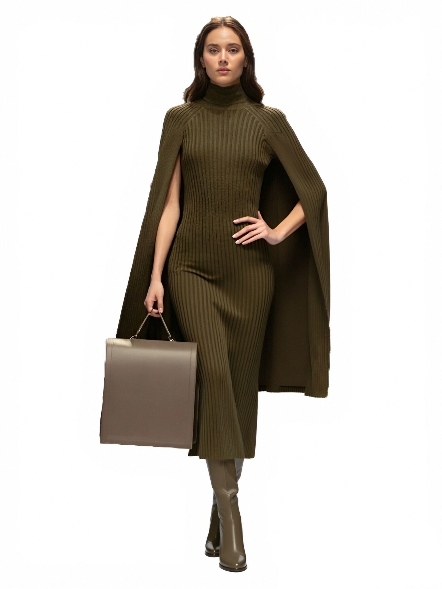 s080Olive Green Ribbed Cape Knit Dress