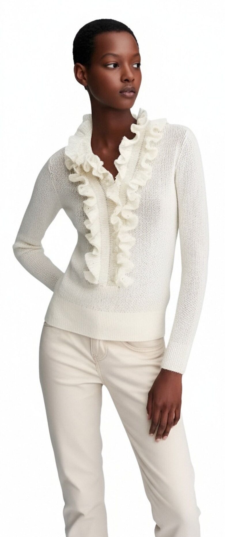 s083Off-White Ruffled V-Neck Knit Top
