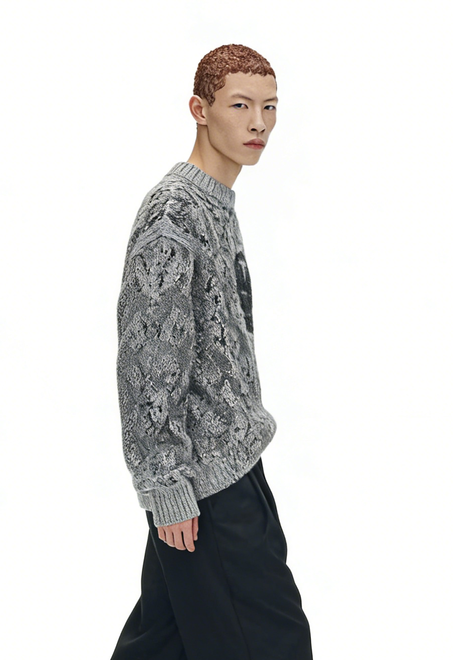 m013Python Pattern Dark Mask Jacquard Crewneck Sweater