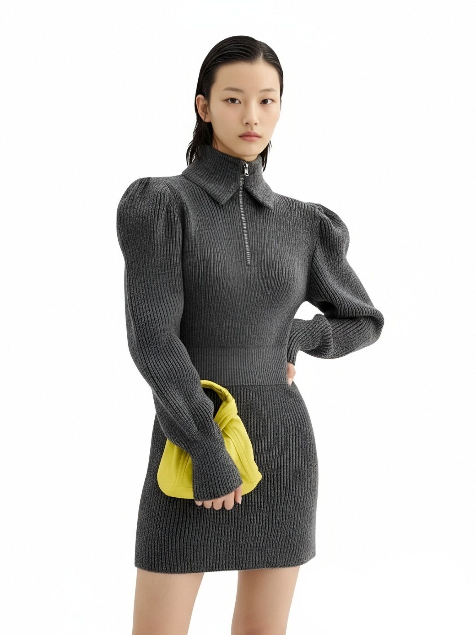 s077Charcoal Ribbed Zip-Up Puff Sleeve Knit Dress