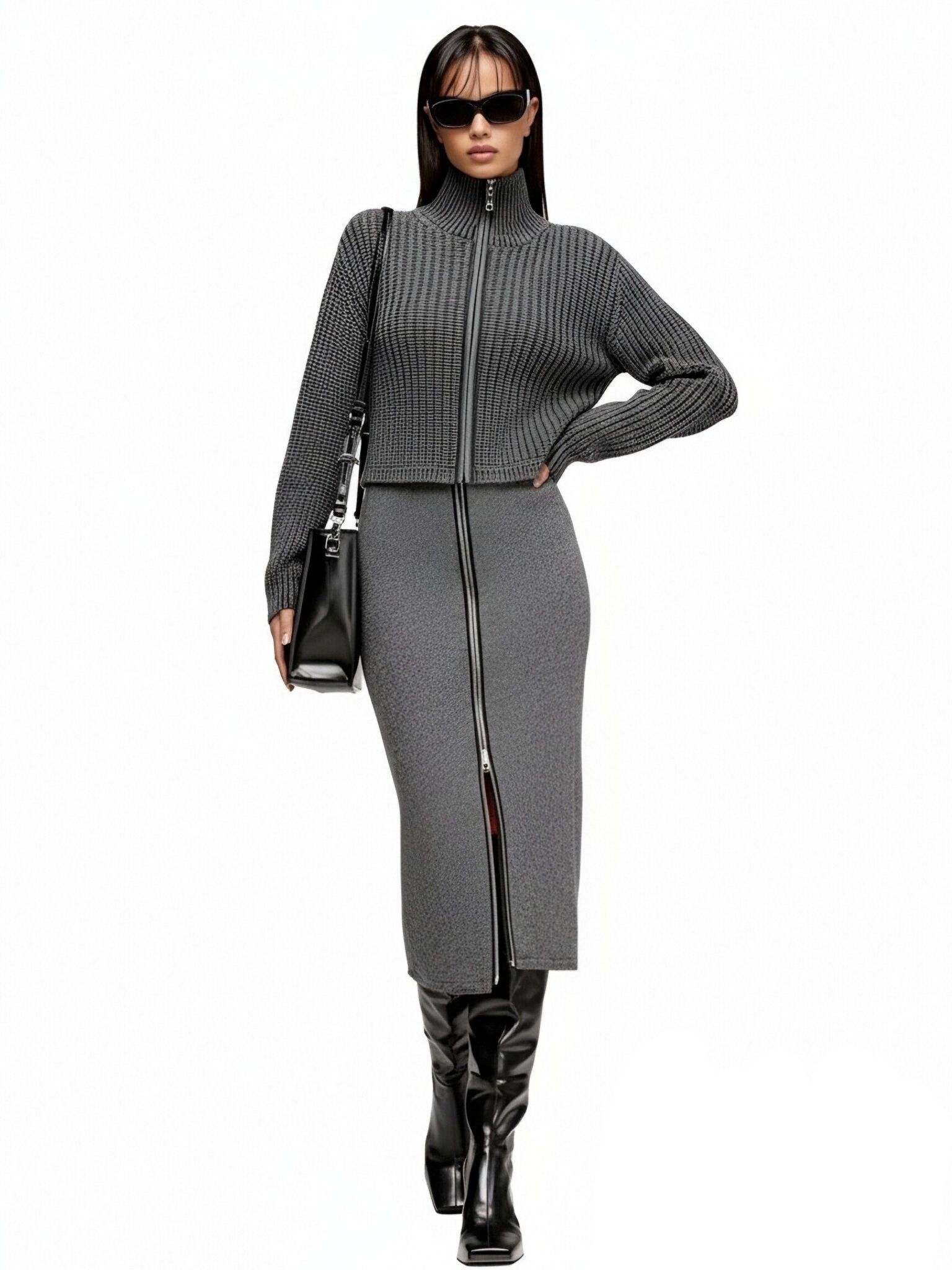 s078Charcoal Textured Zip-Up Knit Set